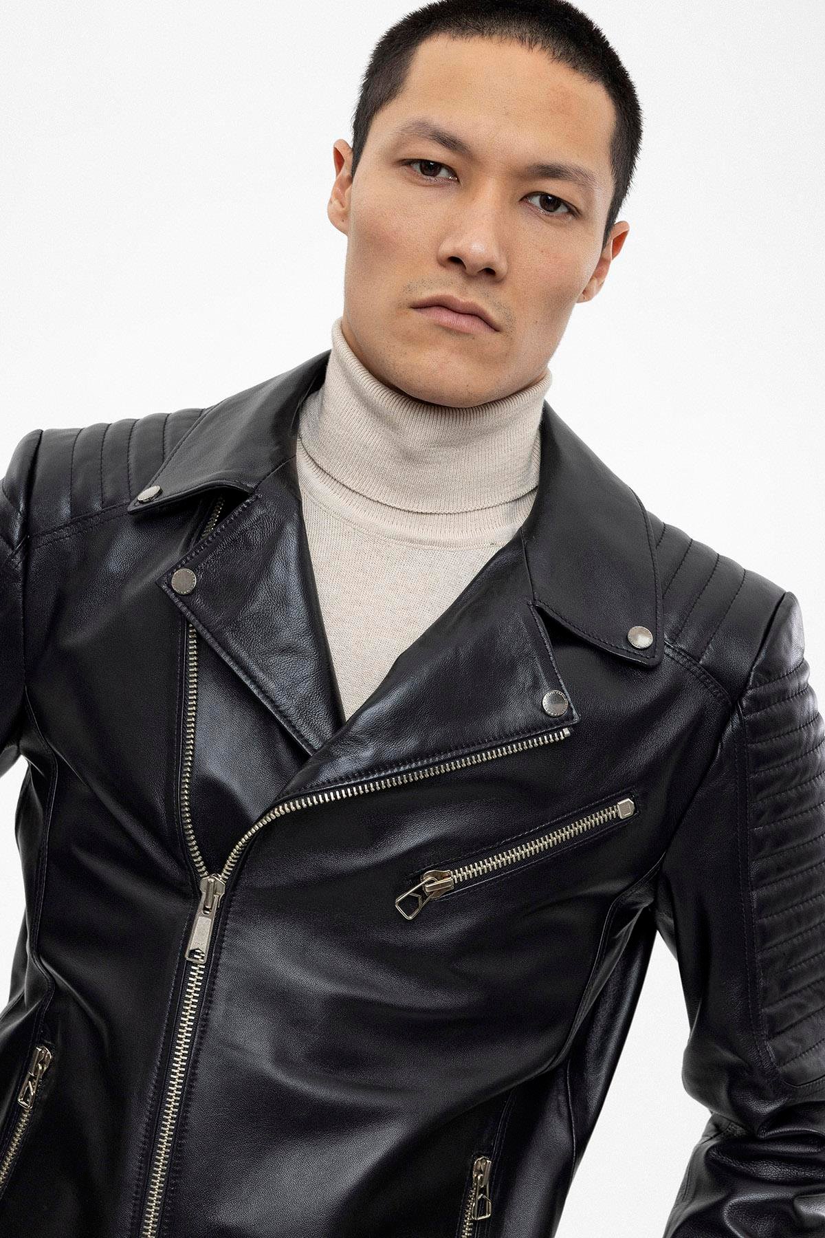 Siyah Biker Motorcu Yandan Fermuarlı Erkek Hakiki Deri Mont