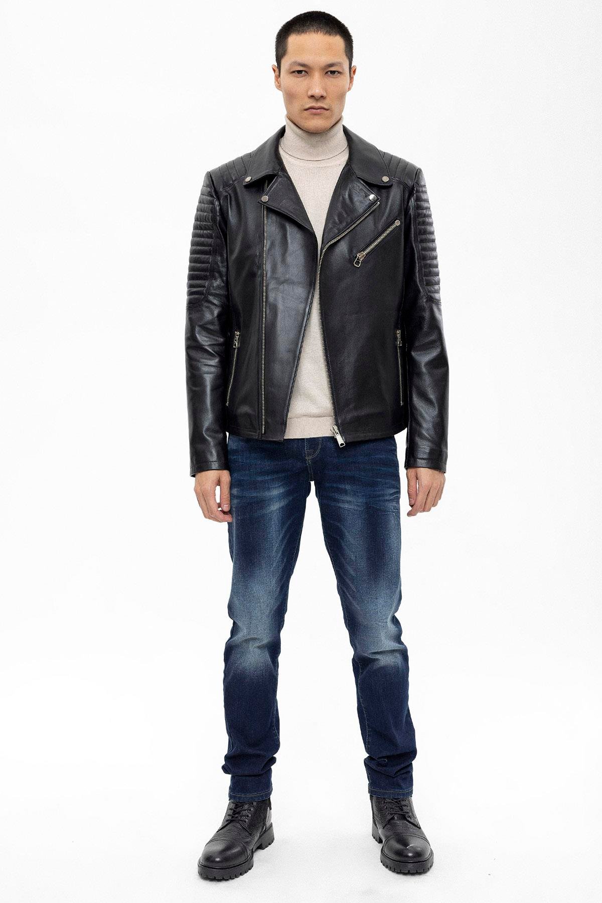 Siyah Biker Motorcu Yandan Fermuarlı Erkek Hakiki Deri Mont