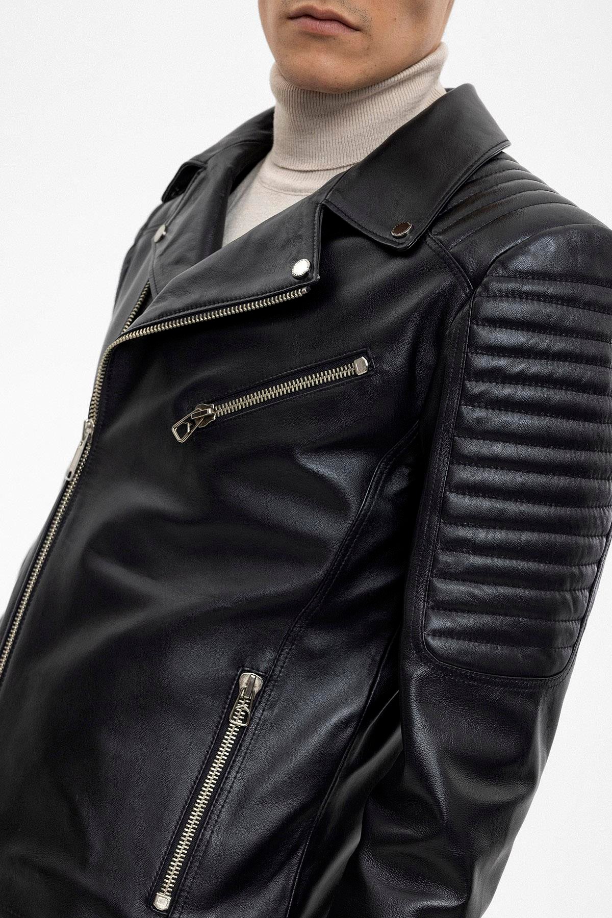 Siyah Biker Motorcu Yandan Fermuarlı Erkek Hakiki Deri Mont
