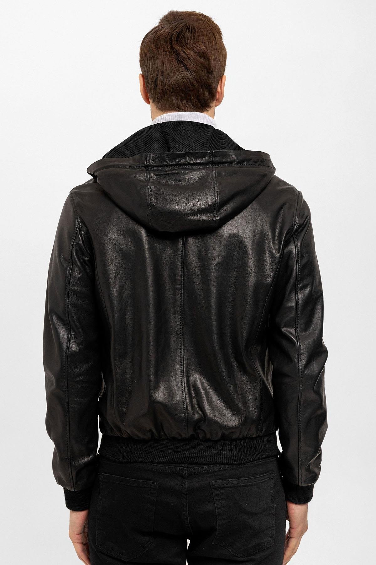 Siyah Clint Sabit Kapüşonlu Kol Ve Bel Trikolu Astarlı Fermuarlı Erkek Hakiki Deri Mont