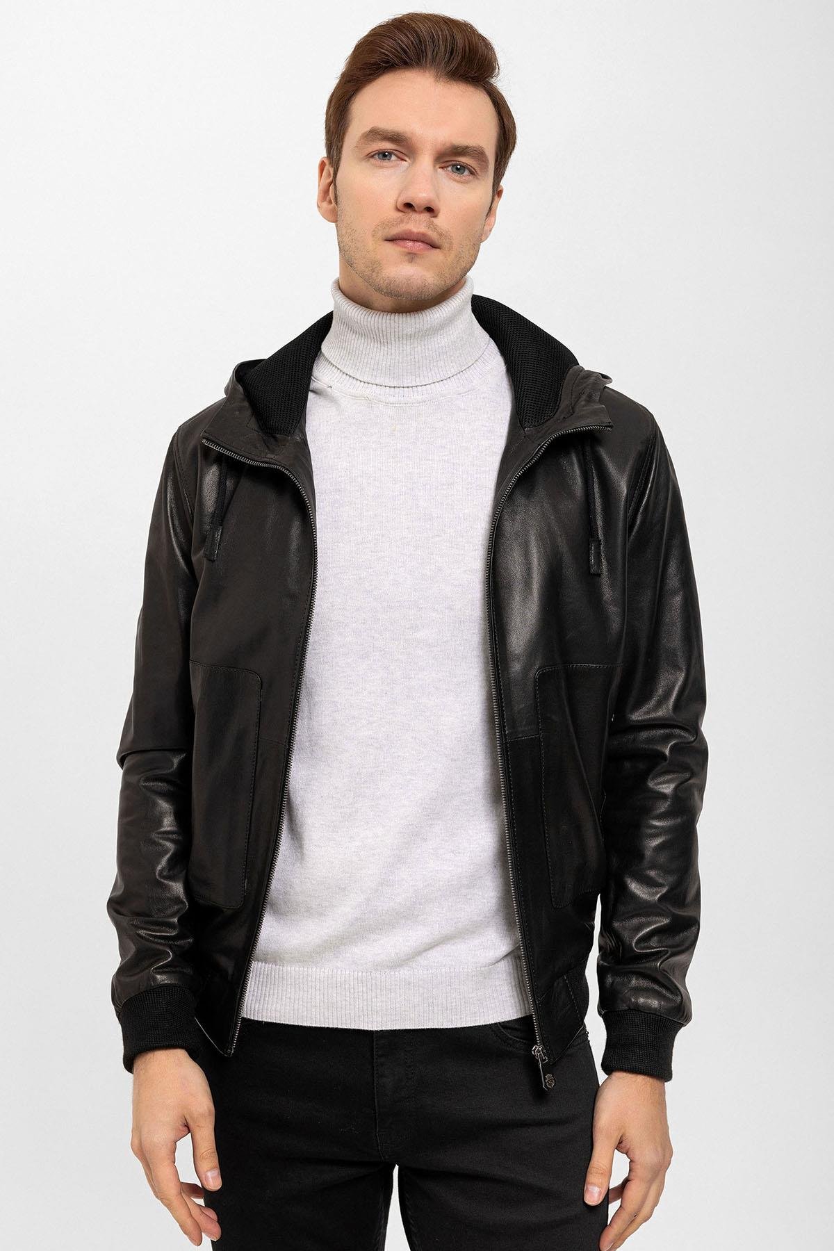 Siyah Clint Sabit Kapüşonlu Kol Ve Bel Trikolu Astarlı Fermuarlı Erkek Hakiki Deri Mont