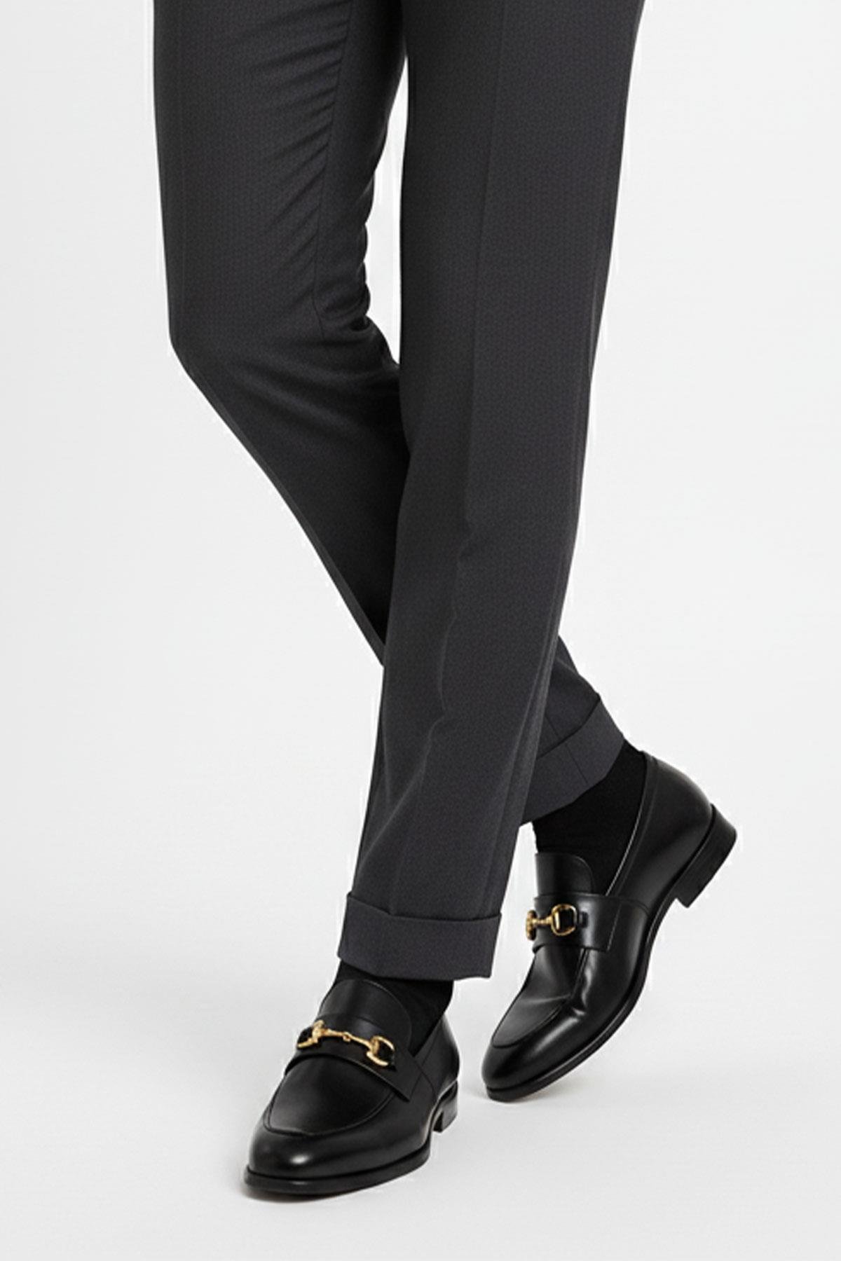 Siyah Deri Loafer -  Altın Tokalı Ayakkabı