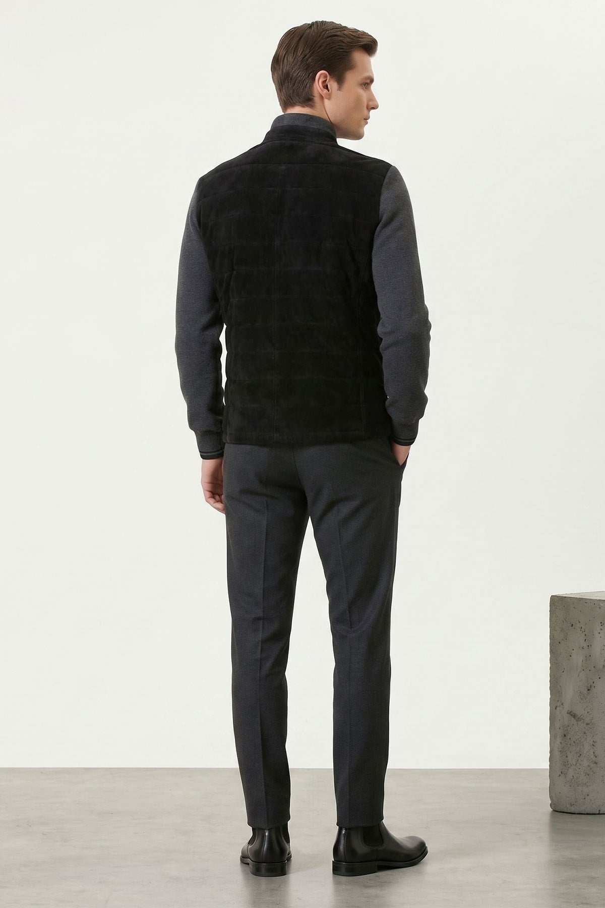 Black Diego Zippered Knitwear Sleeve and Collar Lined Mens Genuine Suede Coat with Snap Buckle