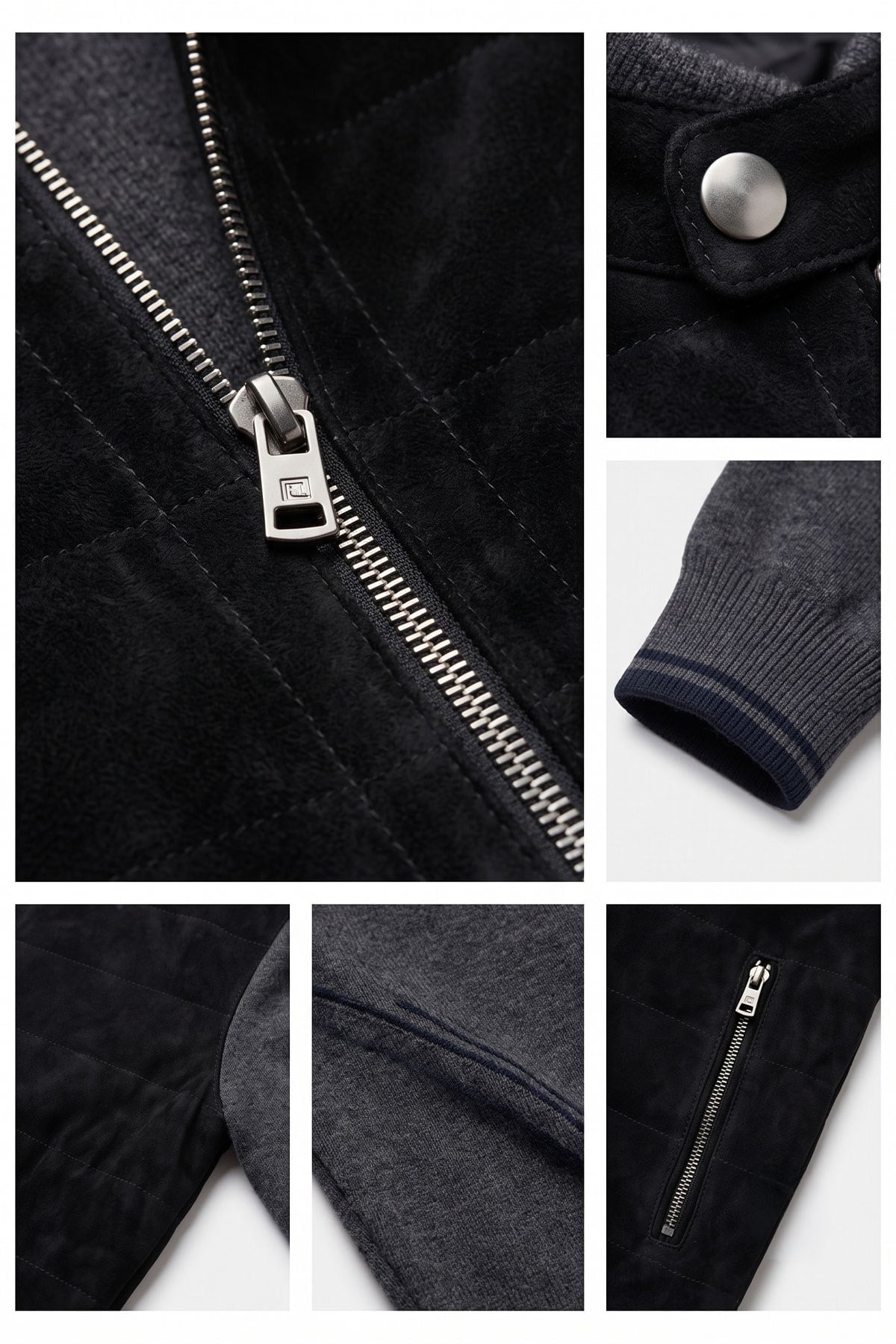 Black Diego Zippered Knitwear Sleeve and Collar Lined Mens Genuine Suede Coat with Snap Buckle