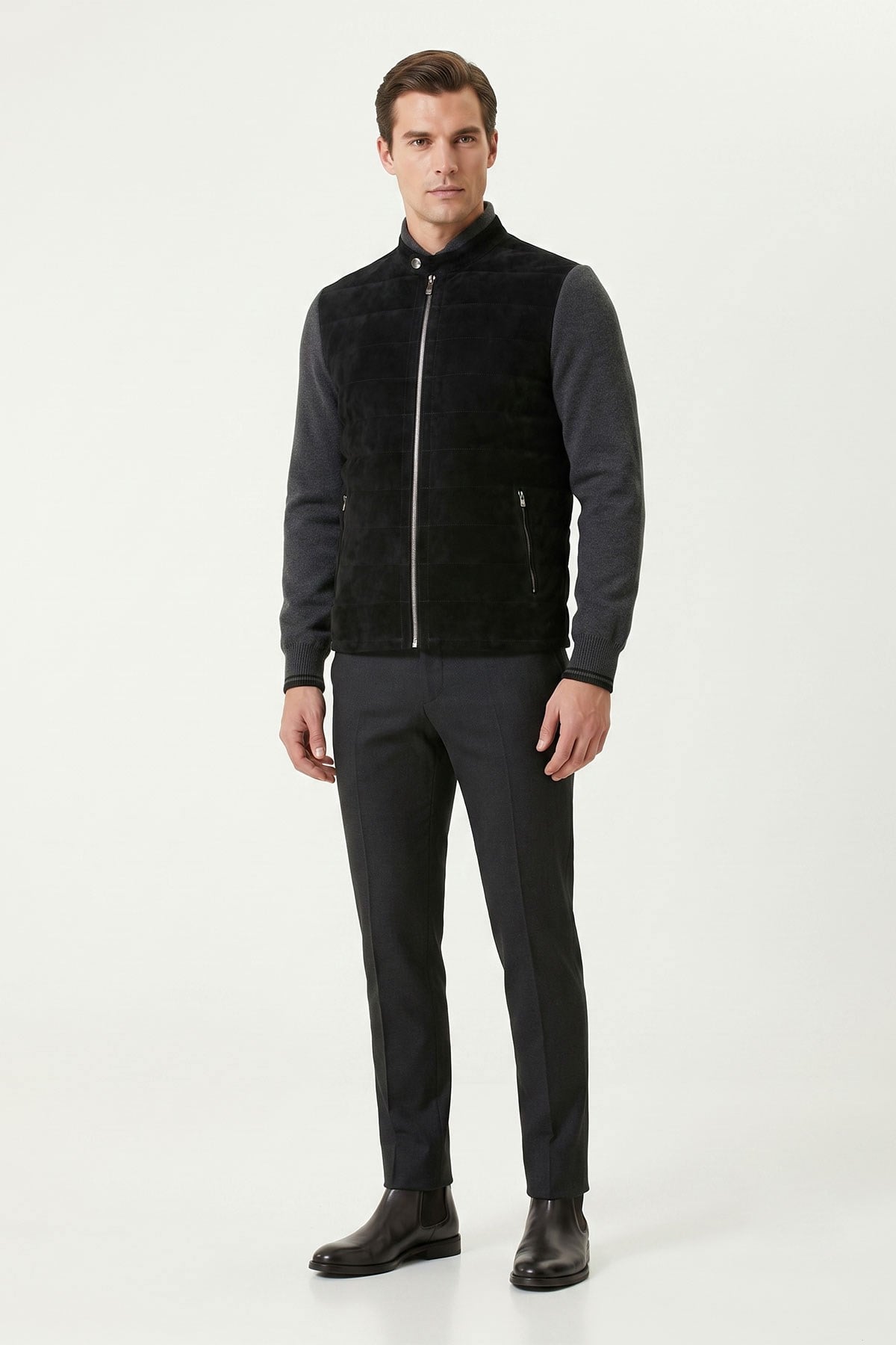 Black Diego Zippered Knitwear Sleeve and Collar Lined Mens Genuine Suede Coat with Snap Buckle