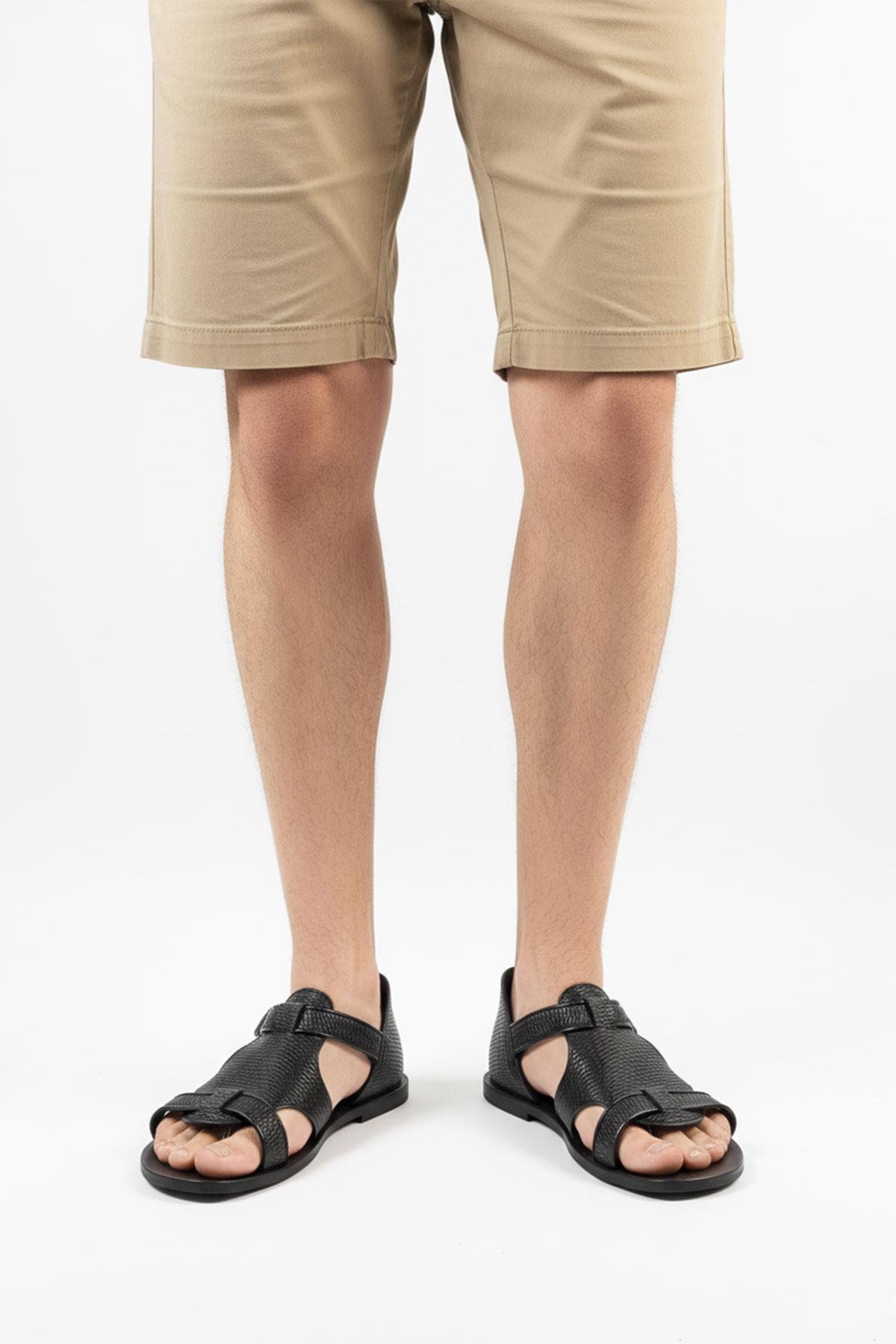 Siyah Erkek Hakiki Deri El Örgüsü Sandalet 