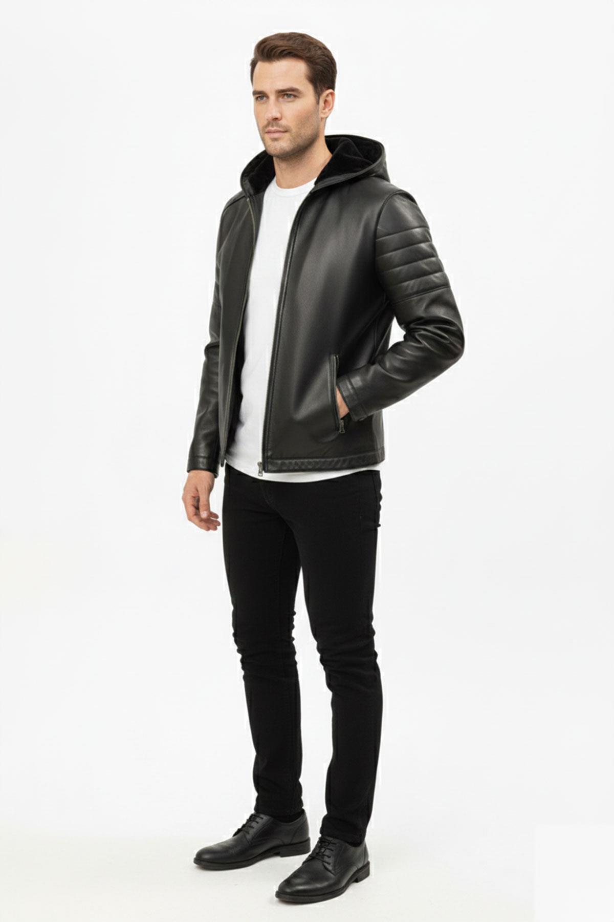 Siyah Erkek Kapüşonlu Kürklü Fermuarlı Sıcak Tutar Hakiki Deri Mont