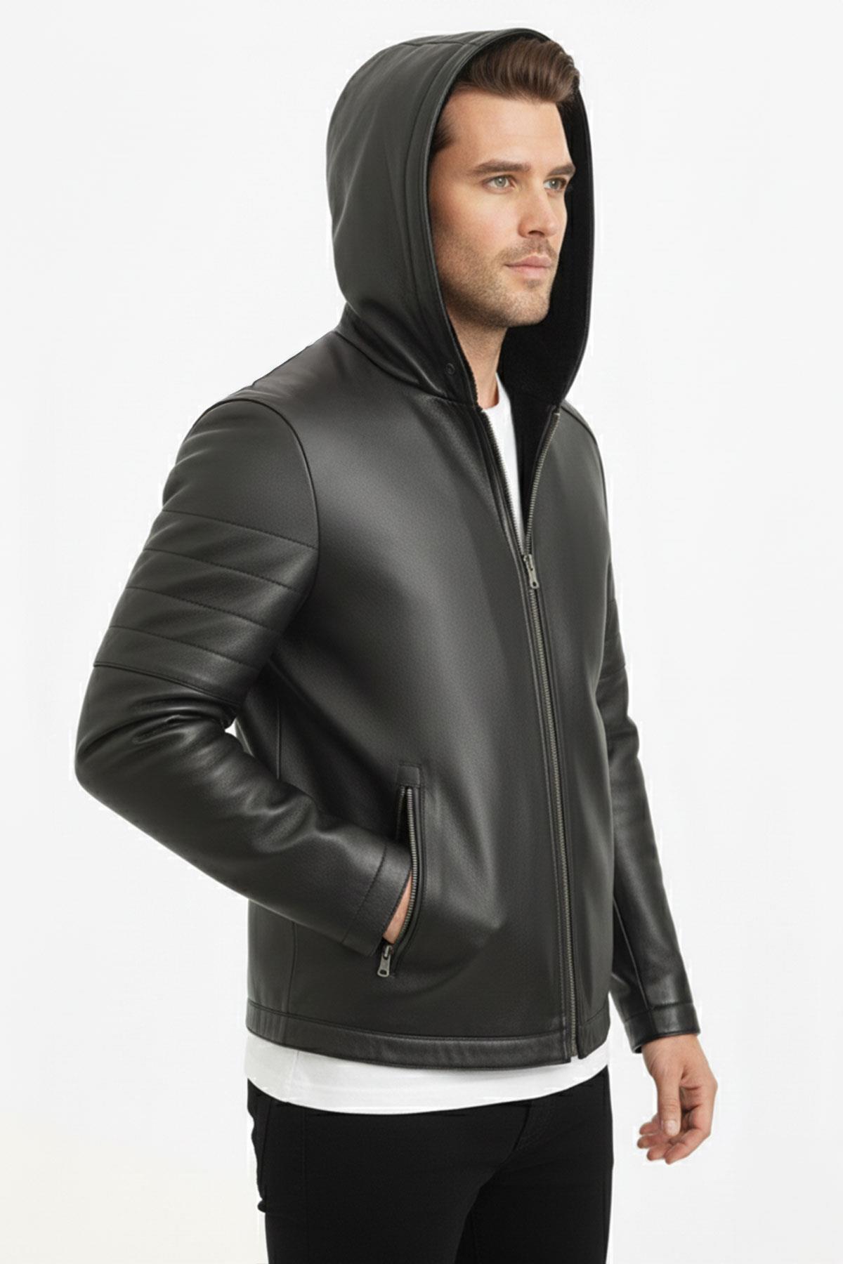 Siyah Erkek Kapüşonlu Kürklü Fermuarlı Sıcak Tutar Hakiki Deri Mont