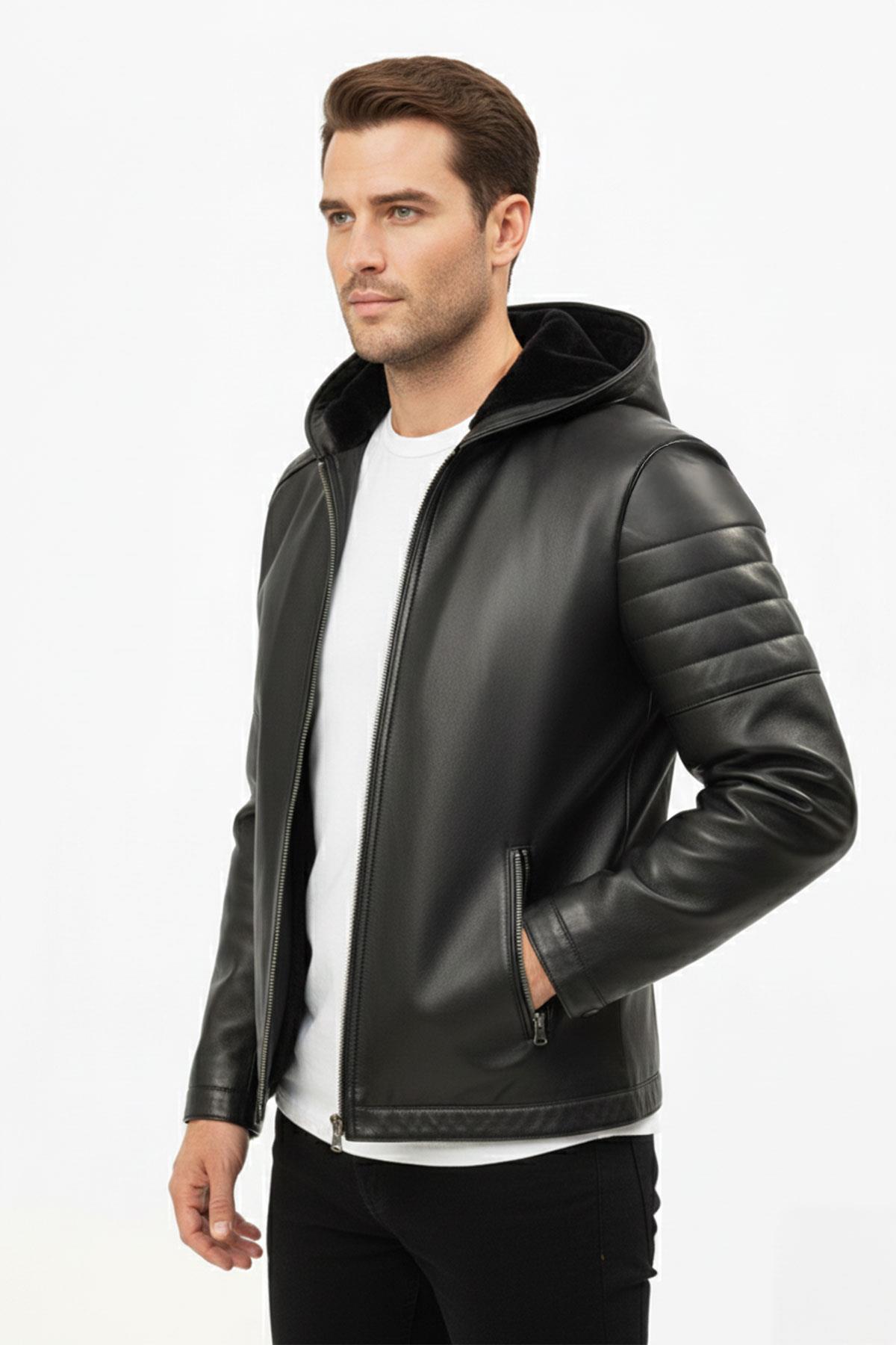 Siyah Erkek Kapüşonlu Kürklü Fermuarlı Sıcak Tutar Hakiki Deri Mont