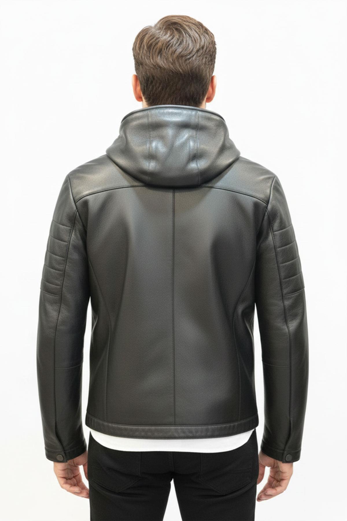 Siyah Erkek Kapüşonlu Kürklü Fermuarlı Sıcak Tutar Hakiki Deri Mont