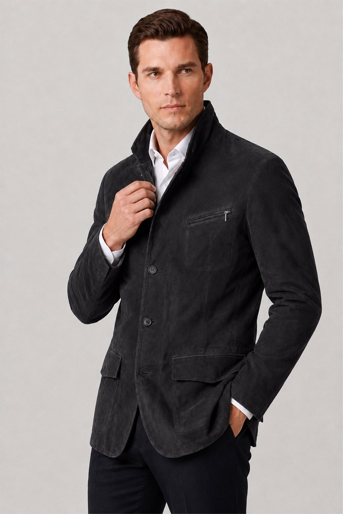 Black Felix Men's Lined Slim Fit Narrow Cut Zippered and Buttoned Blazer Genuine Suede Jacket