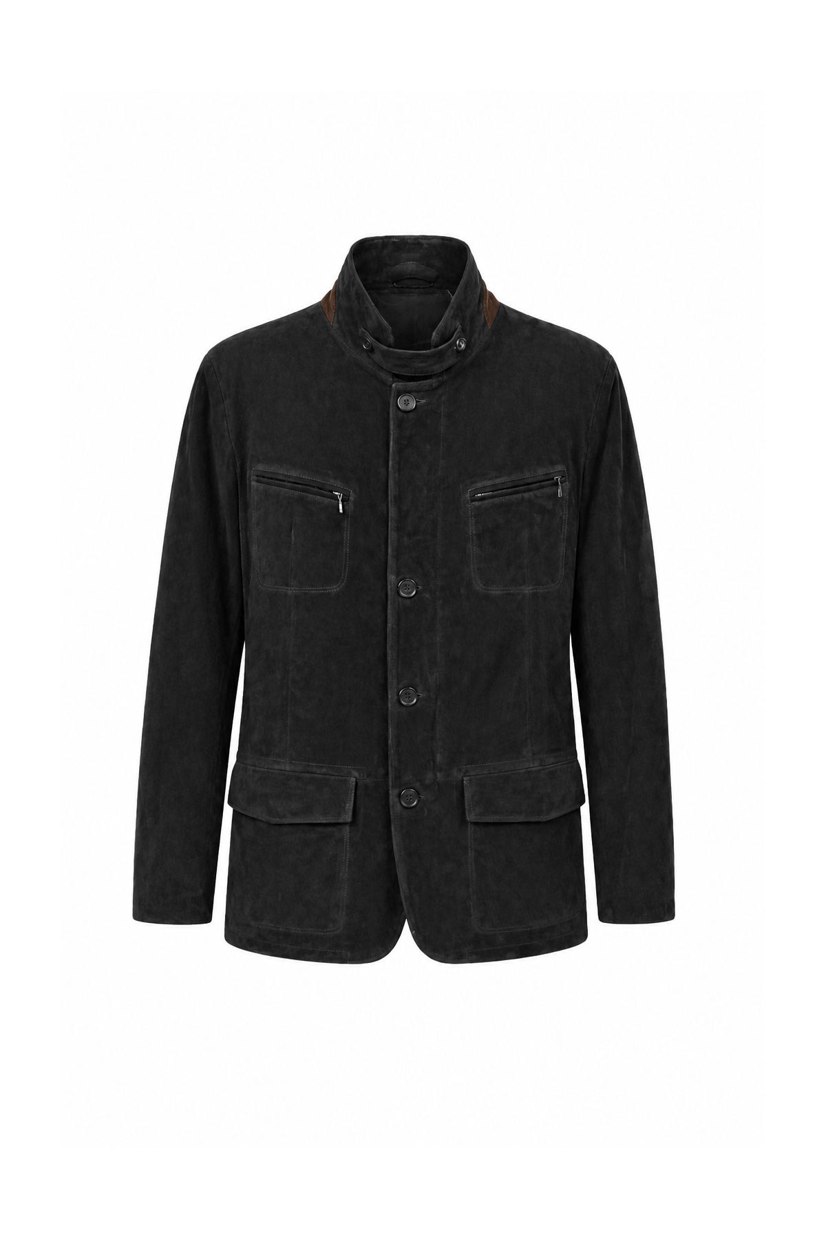 Black Felix Men's Lined Slim Fit Narrow Cut Zippered and Buttoned Blazer Genuine Suede Jacket