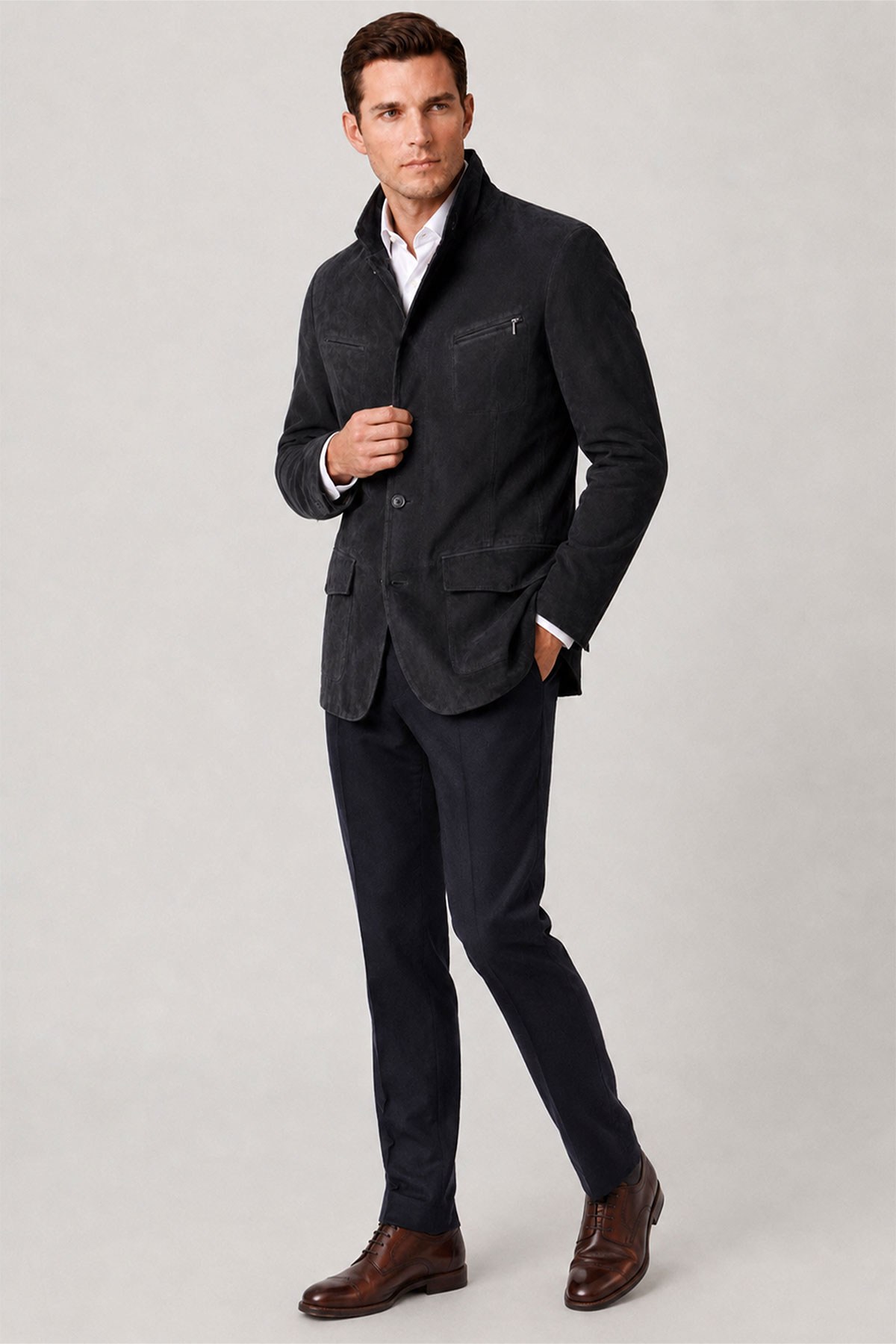 Black Felix Men's Lined Slim Fit Narrow Cut Zippered and Buttoned Blazer Genuine Suede Jacket