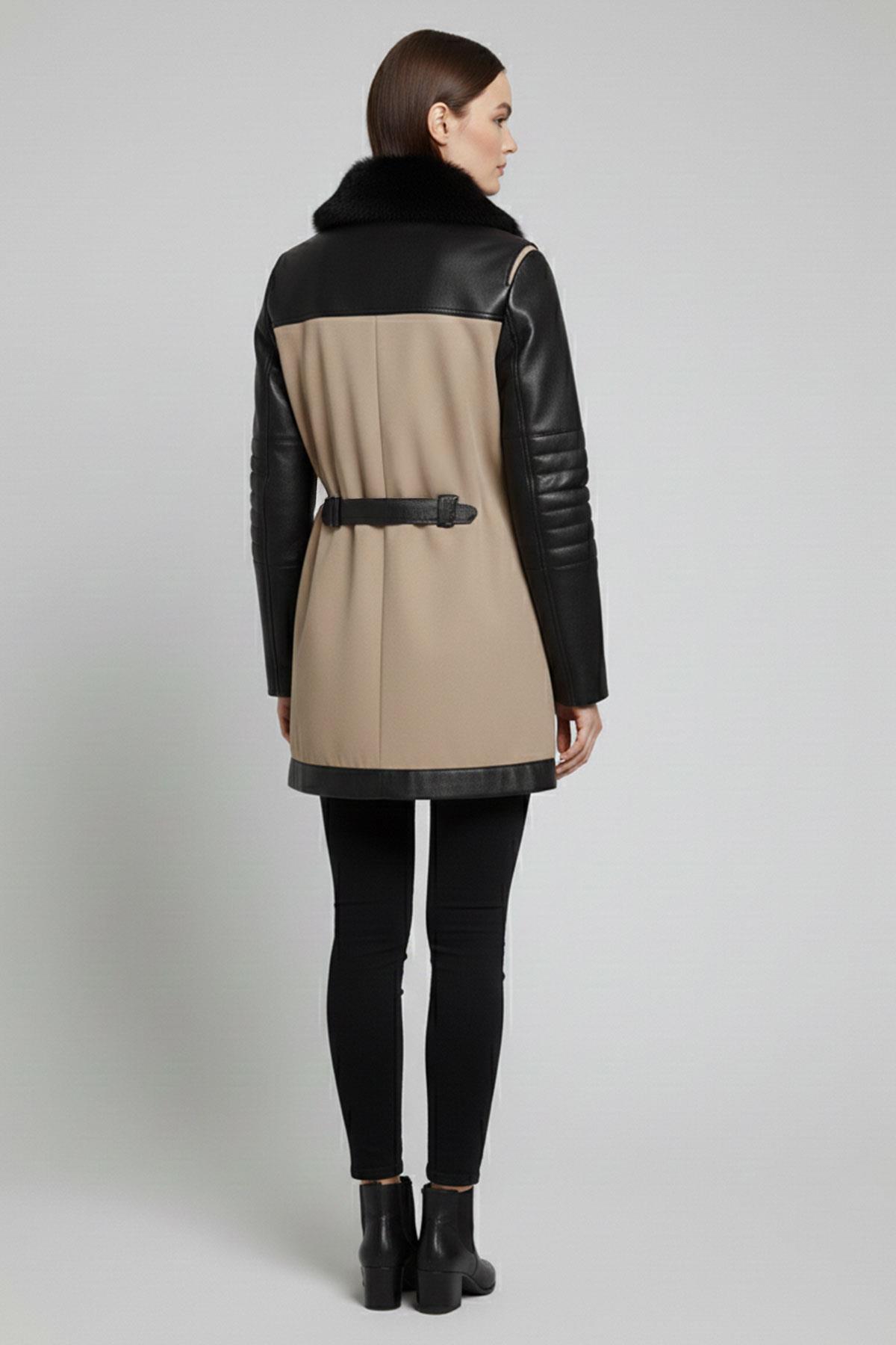 Siyah Georgina Bej Kumaş Garni Fermuarlı Dolgulu Kadın Hakiki Deri Kaban