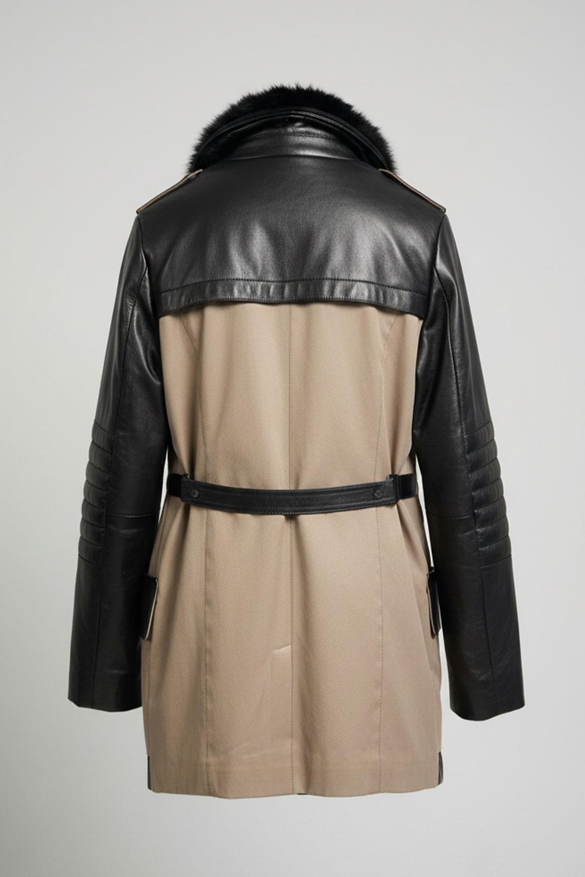 Siyah Georgina Bej Kumaş Garni Fermuarlı Dolgulu Kadın Hakiki Deri Kaban