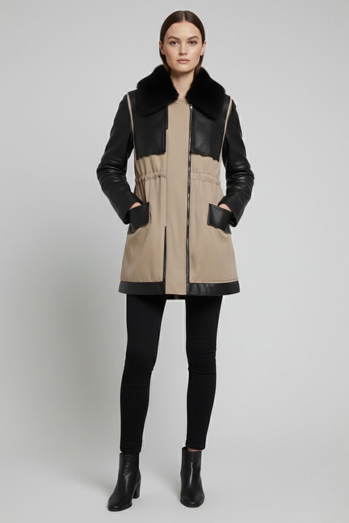 Siyah Georgina Bej Kumaş Garni Fermuarlı Dolgulu Kadın Hakiki Deri Kaban