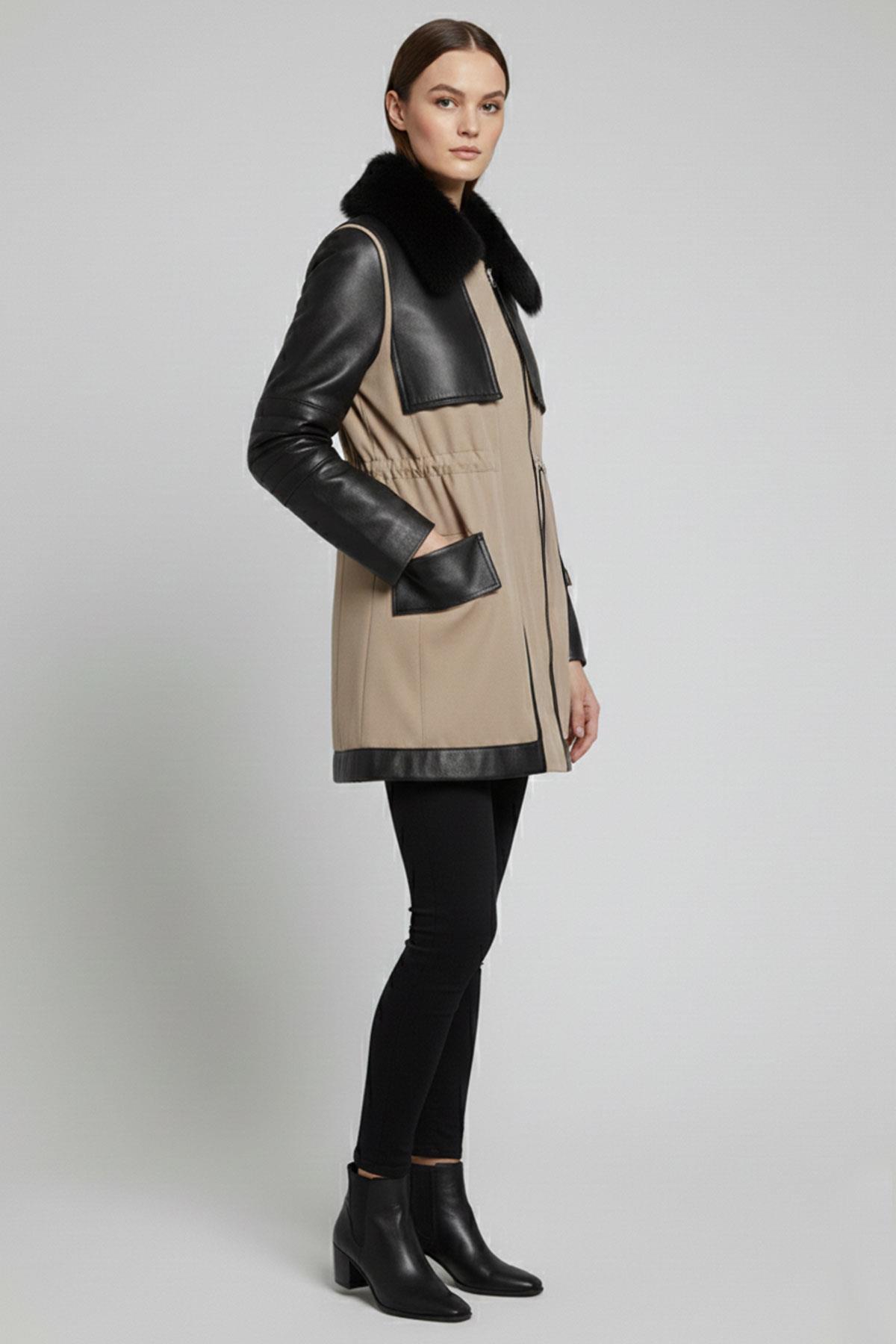 Siyah Georgina Bej Kumaş Garni Fermuarlı Dolgulu Kadın Hakiki Deri Kaban