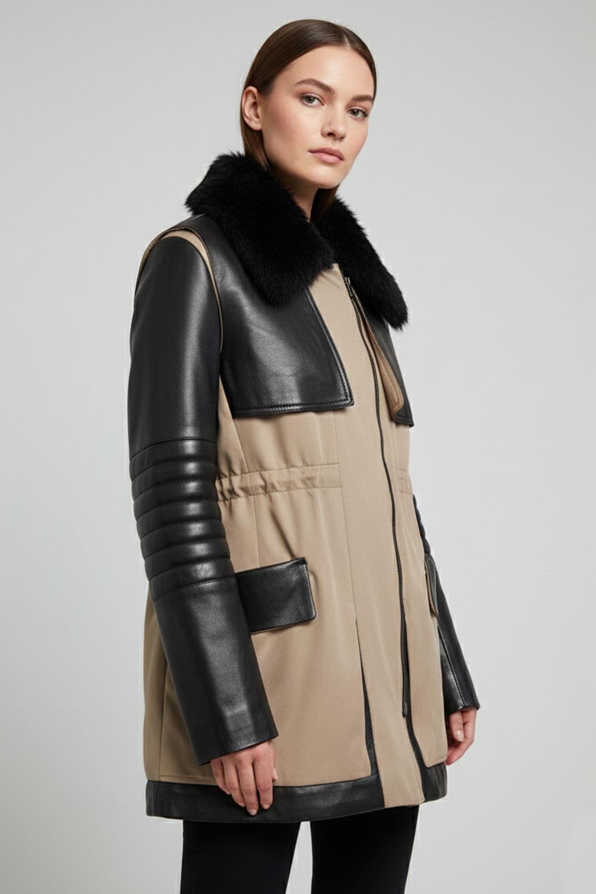 Siyah Georgina Bej Kumaş Garni Fermuarlı Dolgulu Kadın Hakiki Deri Kaban