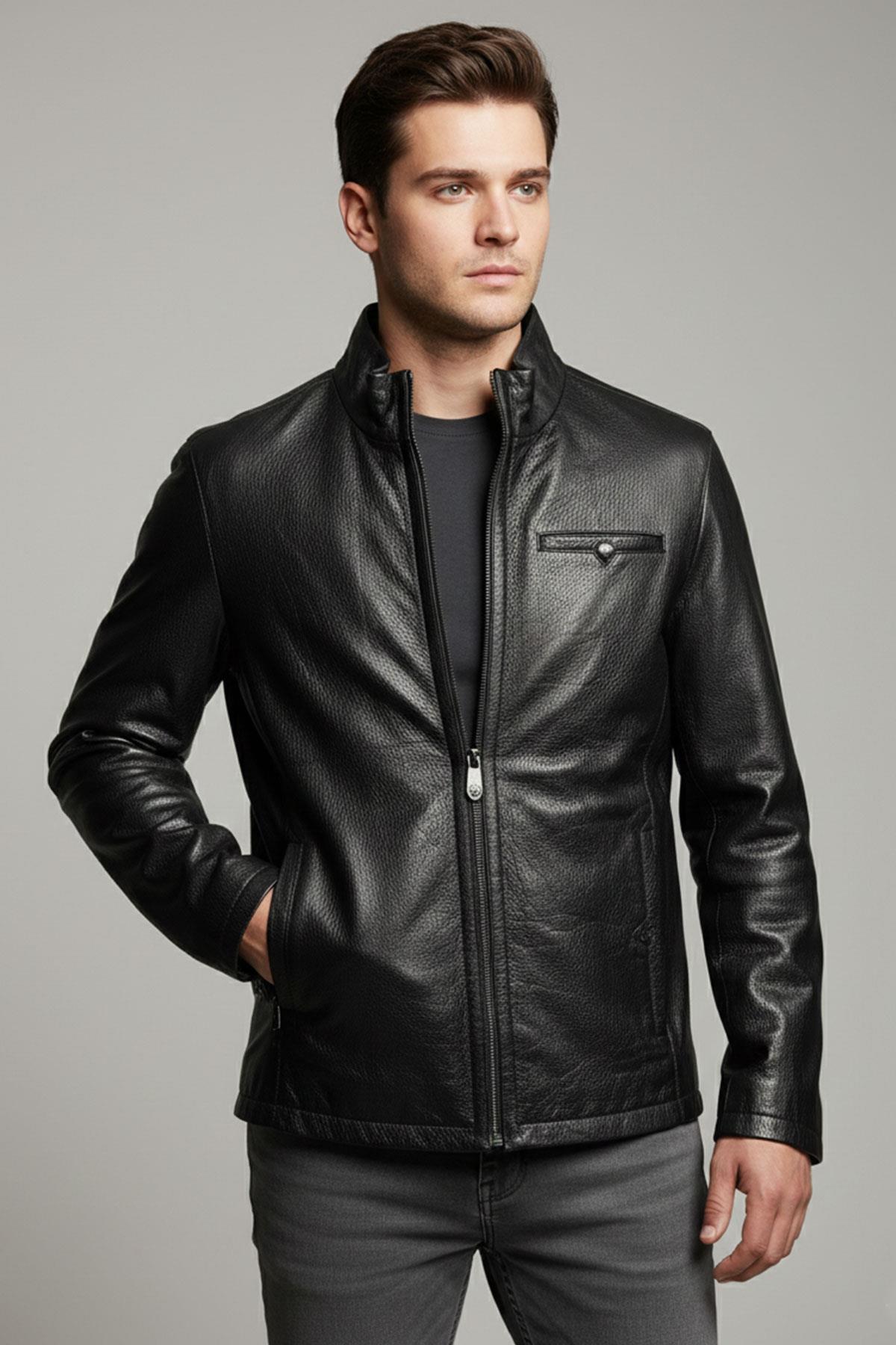 Siyah Hakiki Deri Erkek Klasik Fermuarlı Ceket