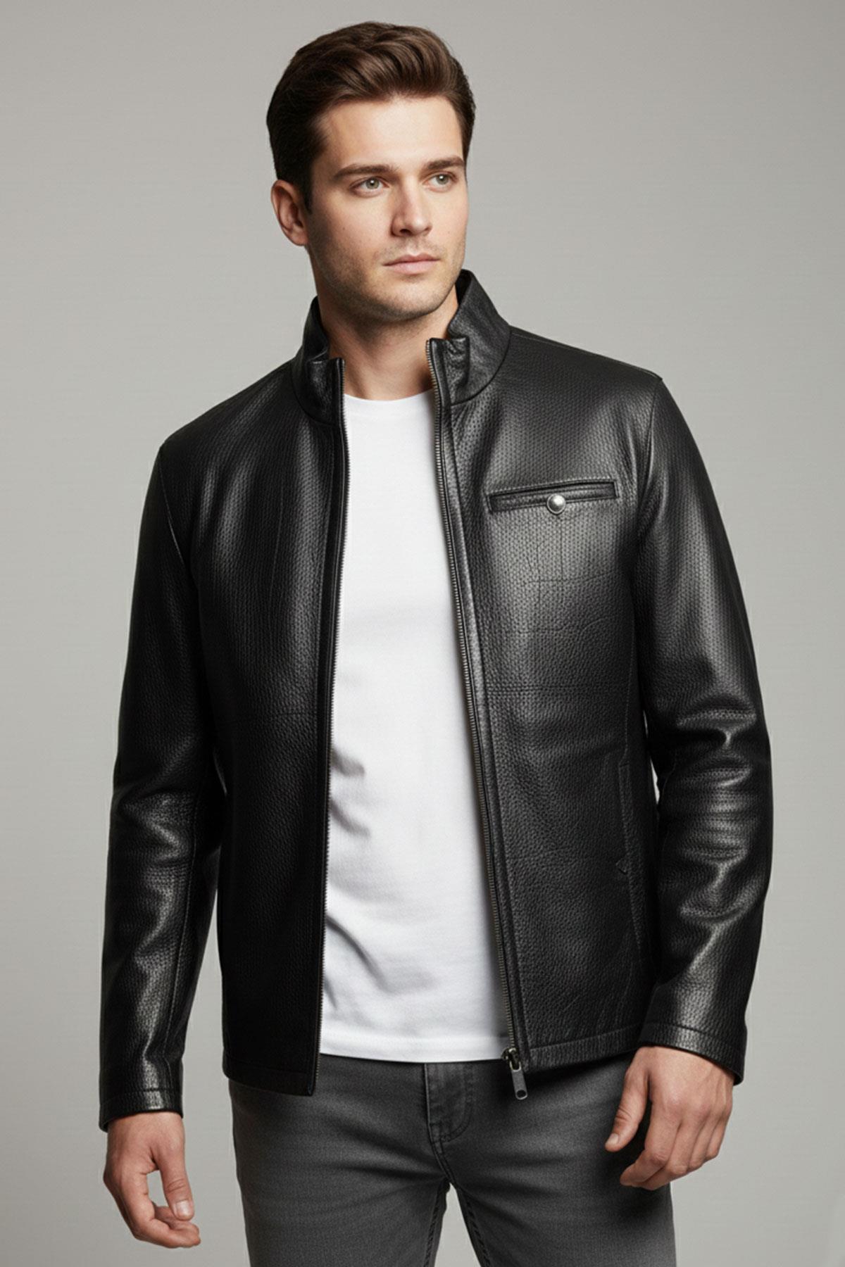 Siyah Hakiki Deri Erkek Klasik Fermuarlı Ceket