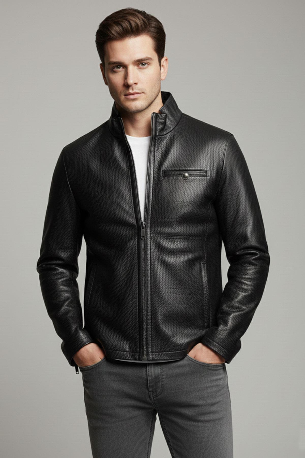 Siyah Hakiki Deri Erkek Klasik Fermuarlı Ceket