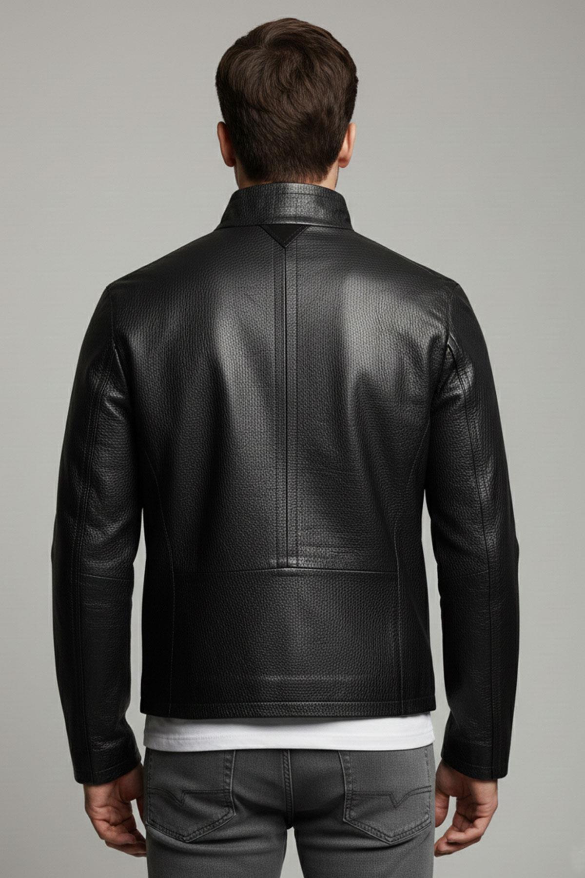 Siyah Hakiki Deri Erkek Klasik Fermuarlı Ceket