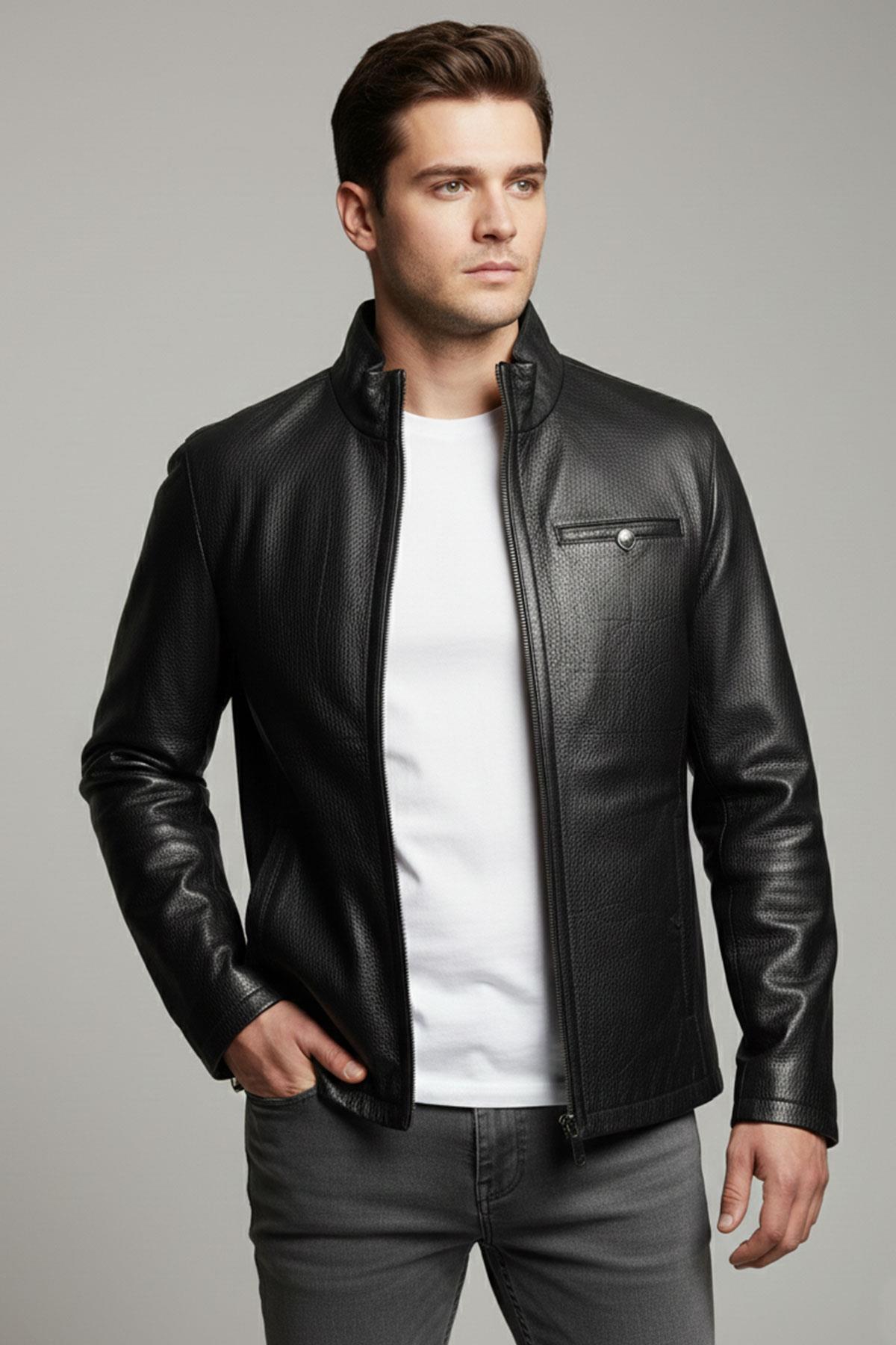 Siyah Hakiki Deri Erkek Klasik Fermuarlı Ceket