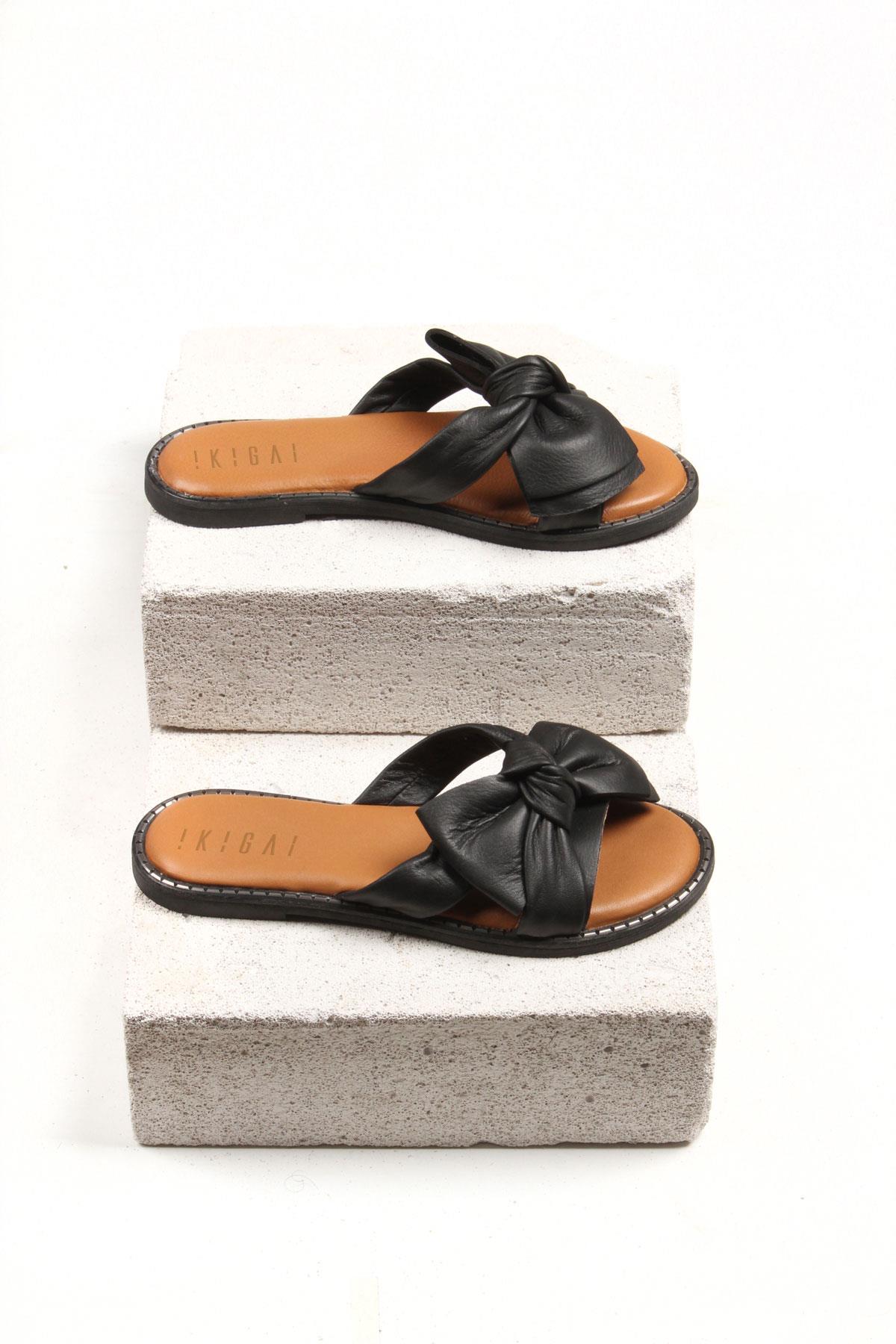 Siyah Hakiki Deri Tabanı Kahve Yumuşak Hakiki Deri Kadın Yazlık Terlik