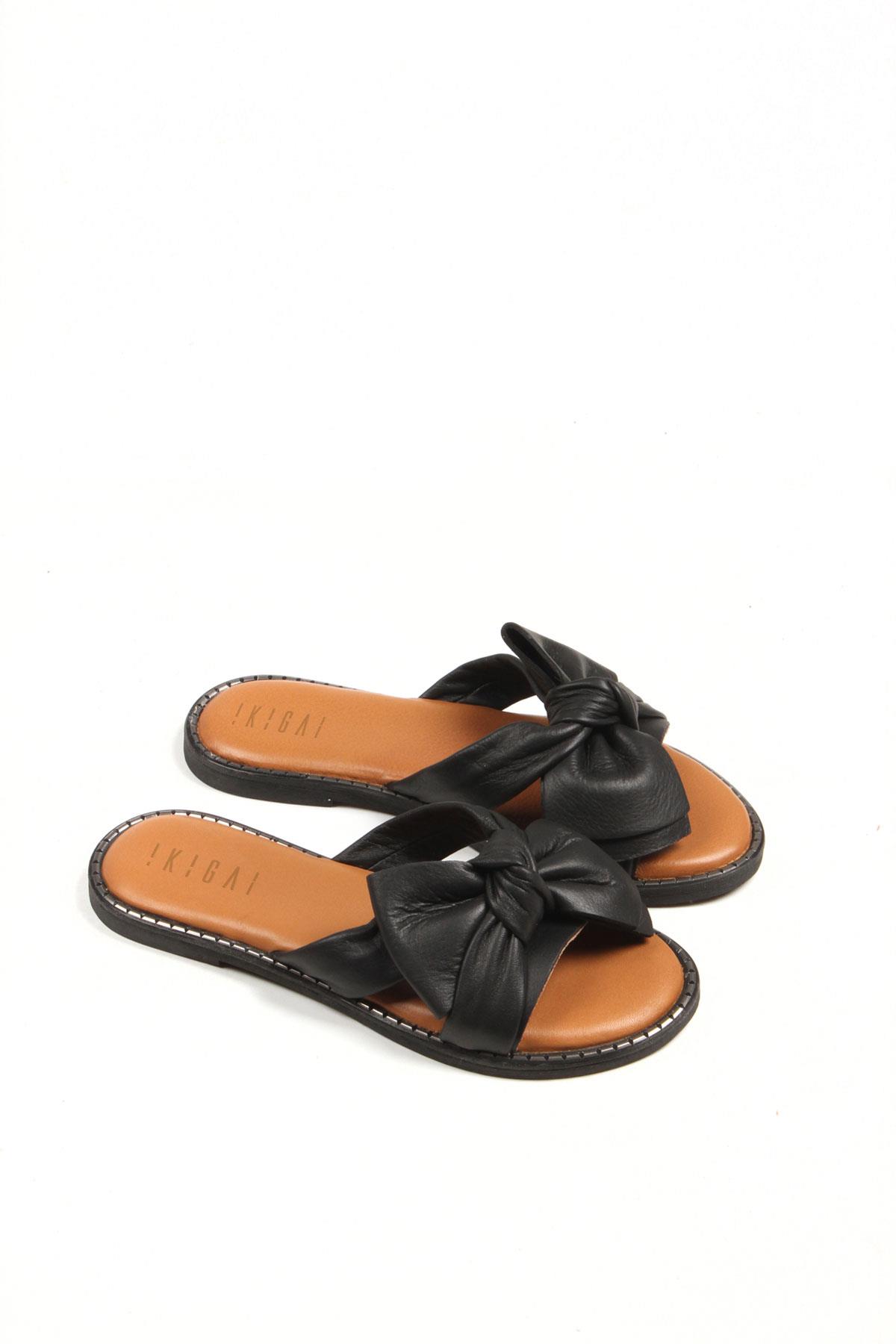 Siyah Hakiki Deri Tabanı Kahve Yumuşak Hakiki Deri Kadın Yazlık Terlik