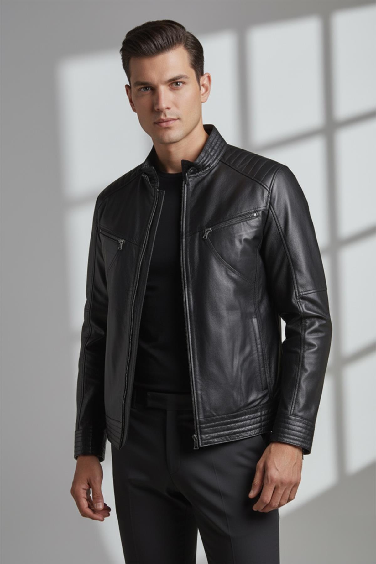 Siyah Hector Hakim Yaka Fermuarlı Astarlı  Erkek Hakiki Deri Mont