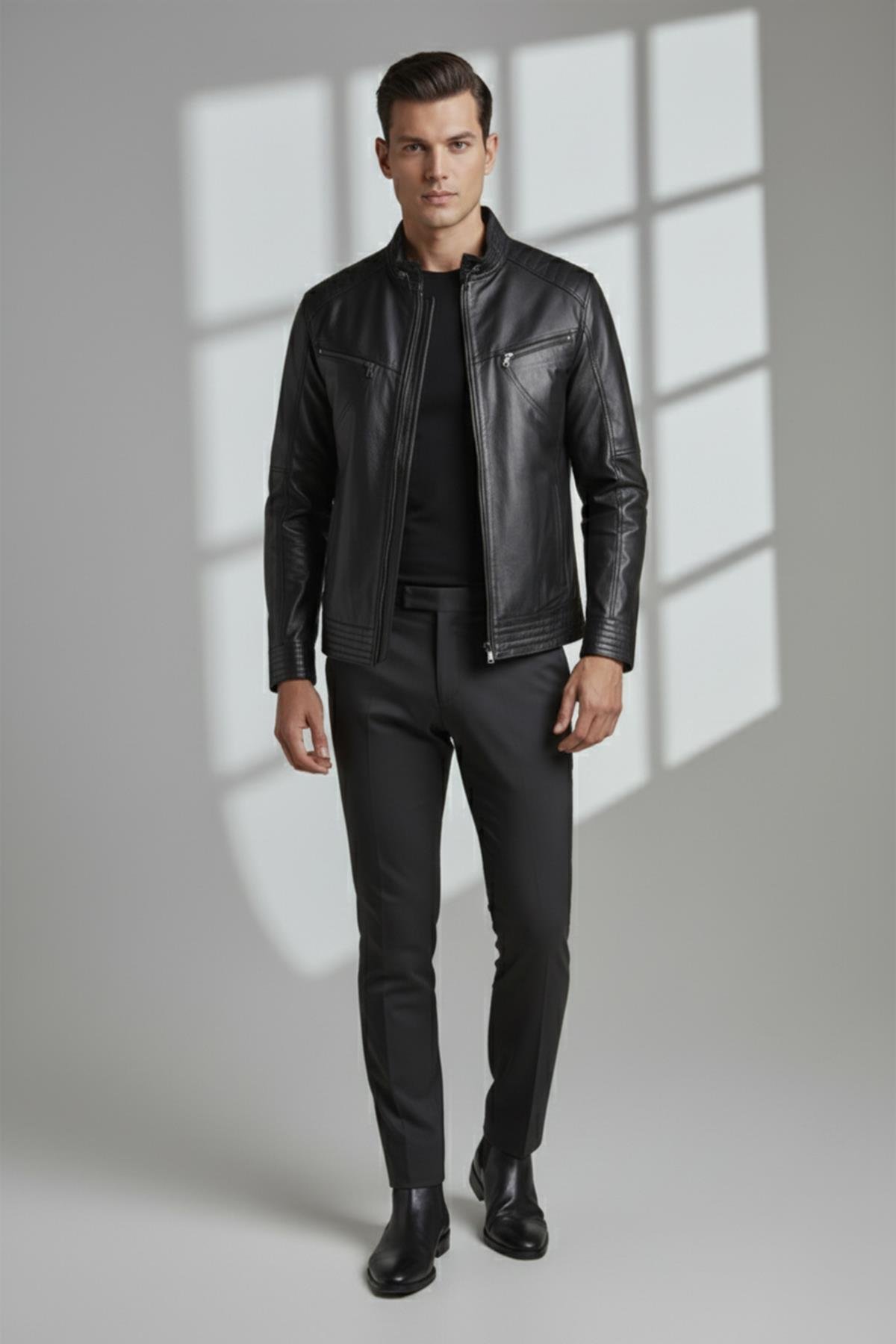 Siyah Hector Hakim Yaka Fermuarlı Astarlı  Erkek Hakiki Deri Mont