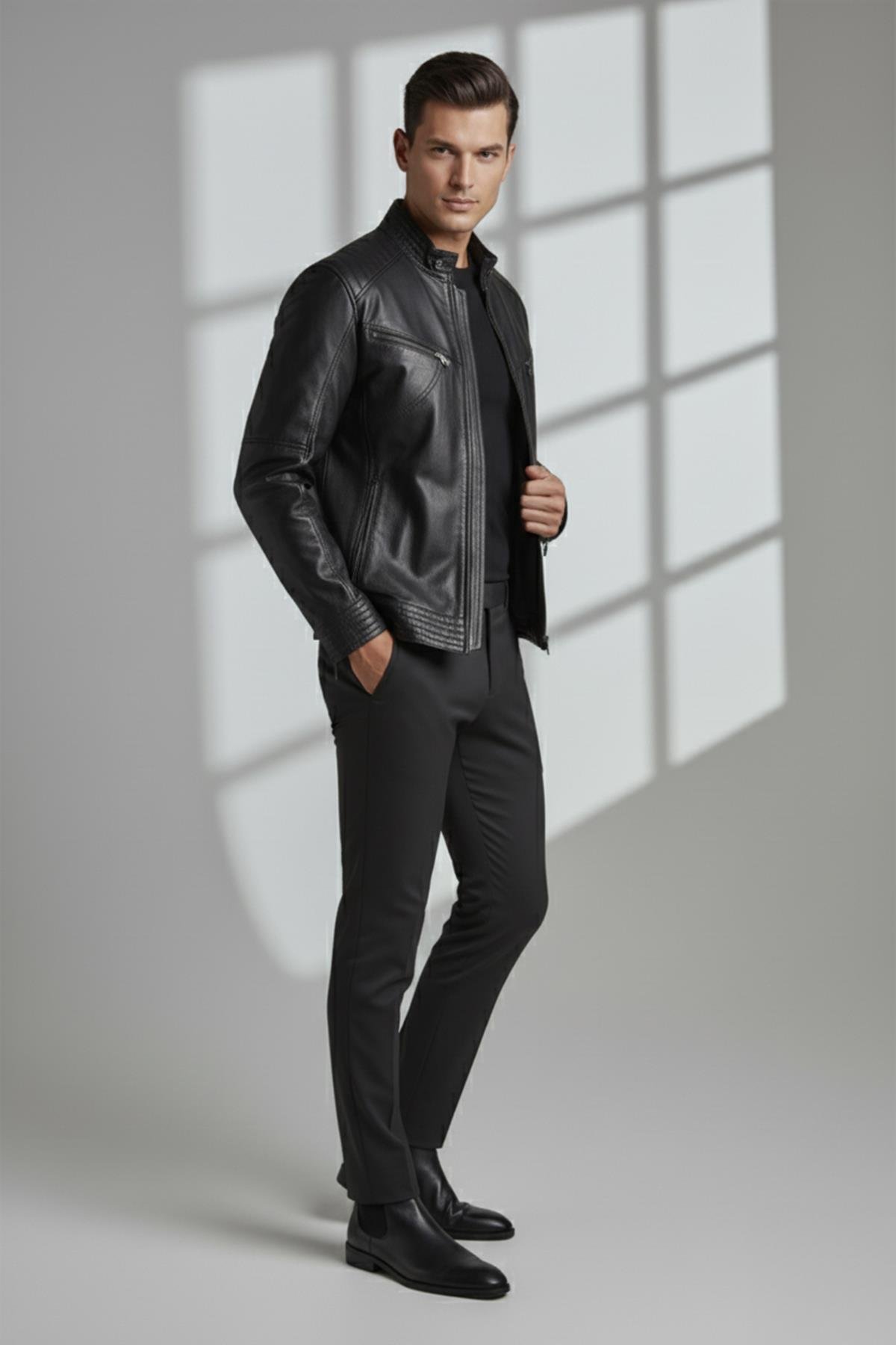 Siyah Hector Hakim Yaka Fermuarlı Astarlı  Erkek Hakiki Deri Mont