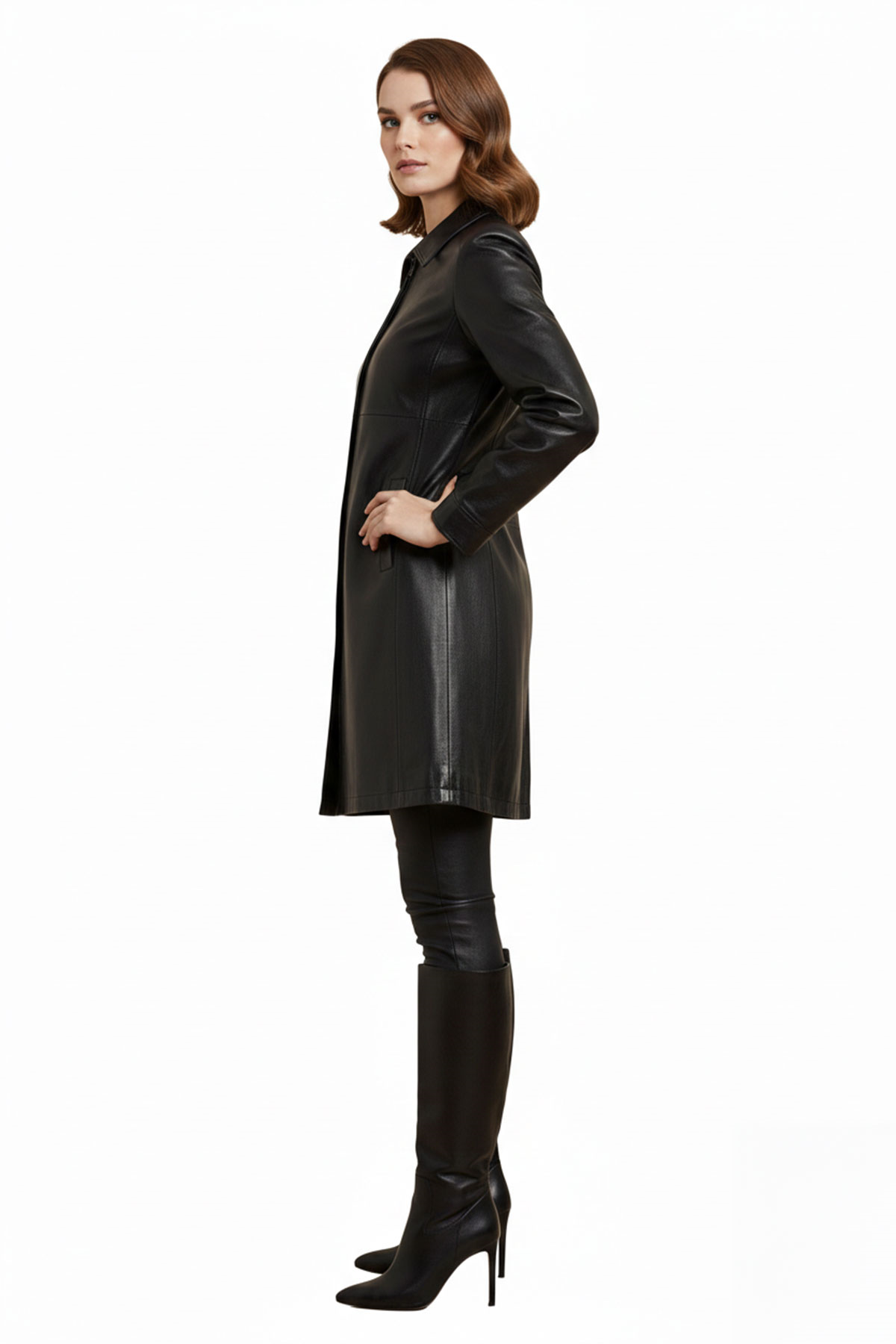 Siyah Hena Fermuarlı Geniş Kesim Uzun Kadın Hakiki Deri Kaban