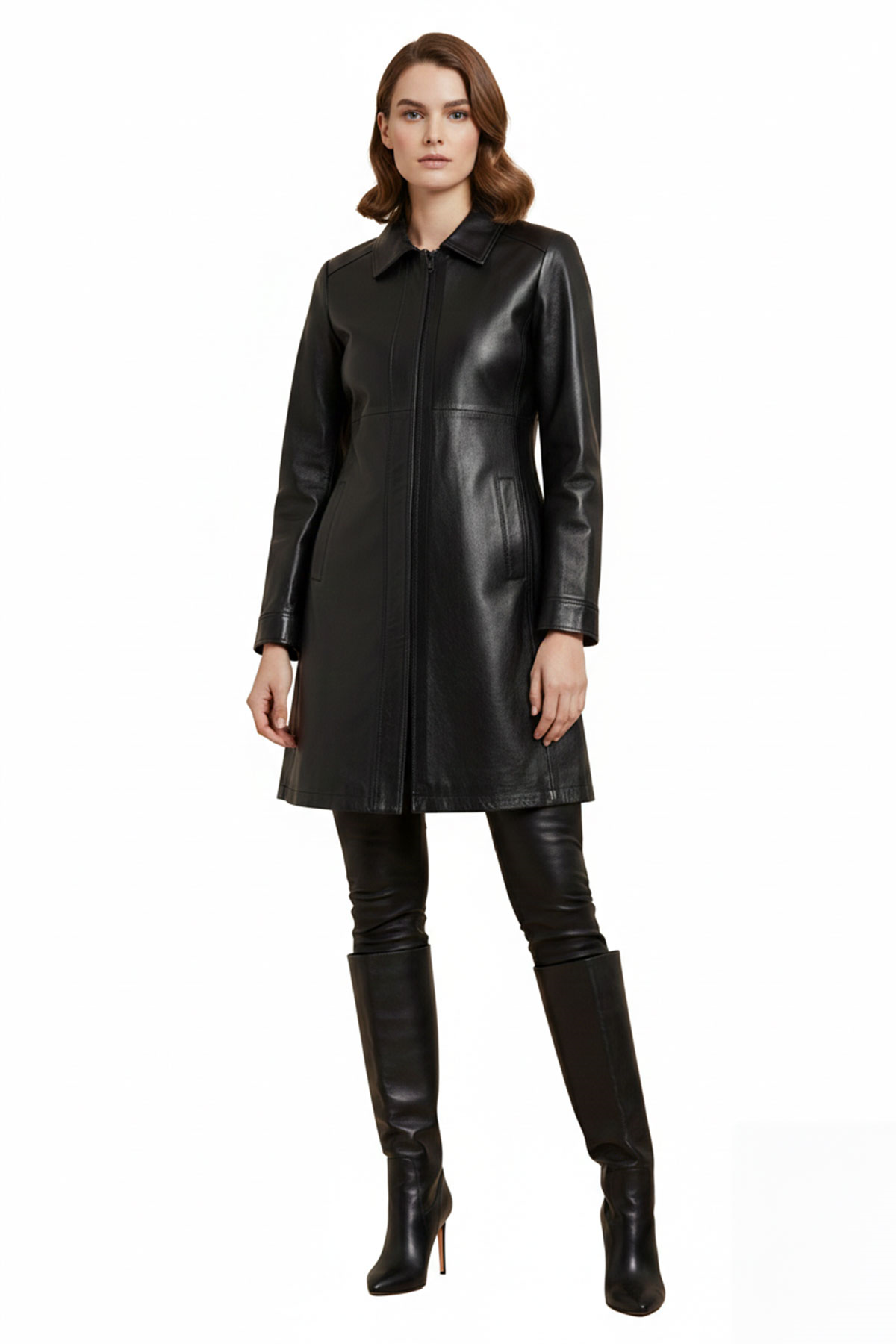 Siyah Hena Fermuarlı Geniş Kesim Uzun Kadın Hakiki Deri Kaban