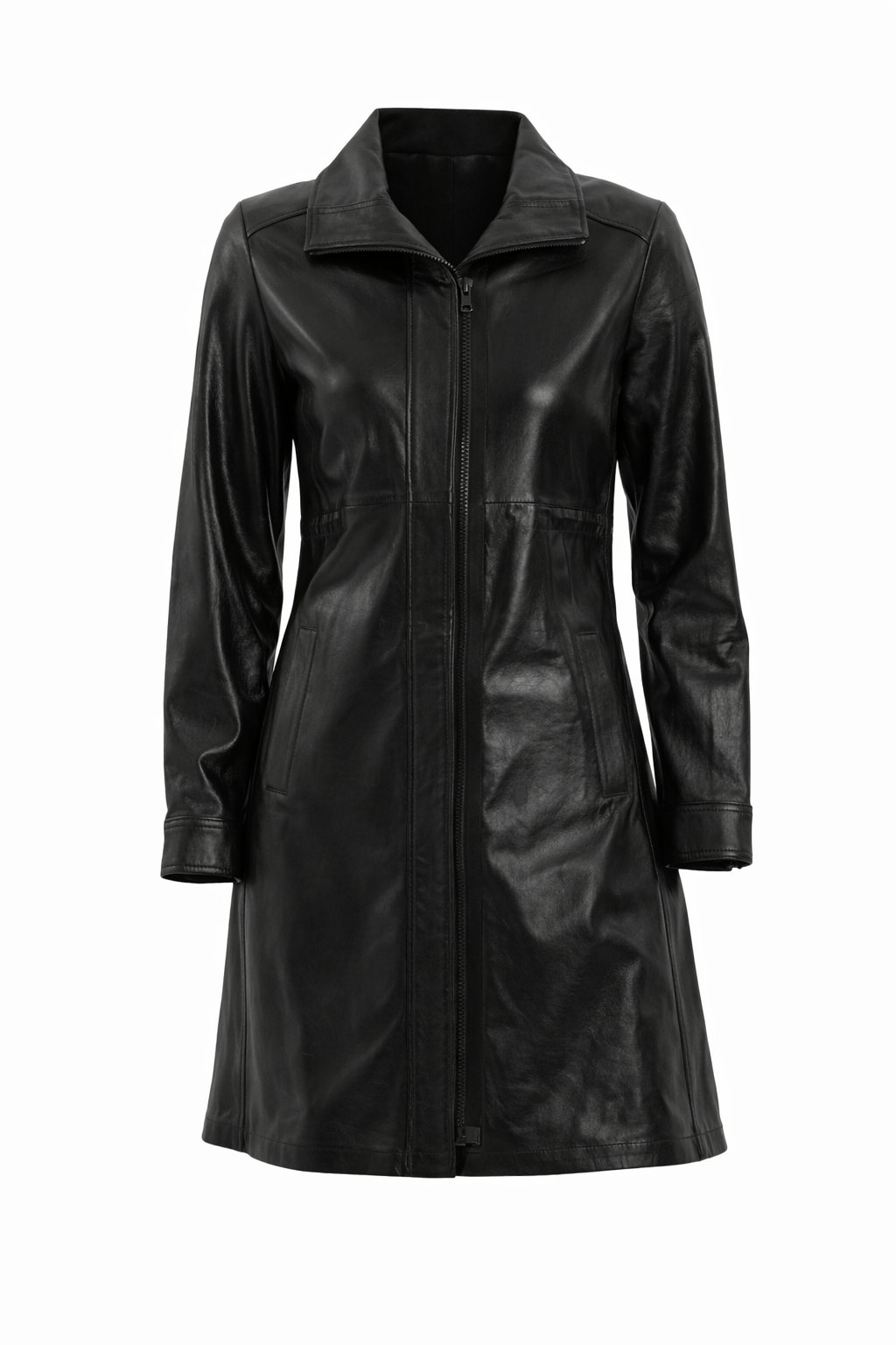 Siyah Hena Fermuarlı Geniş Kesim Uzun Kadın Hakiki Deri Kaban