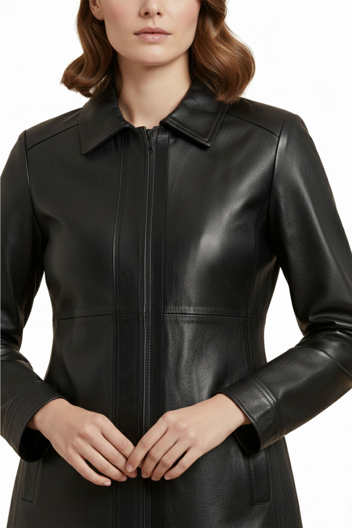 Siyah Hena Fermuarlı Geniş Kesim Uzun Kadın Hakiki Deri Kaban