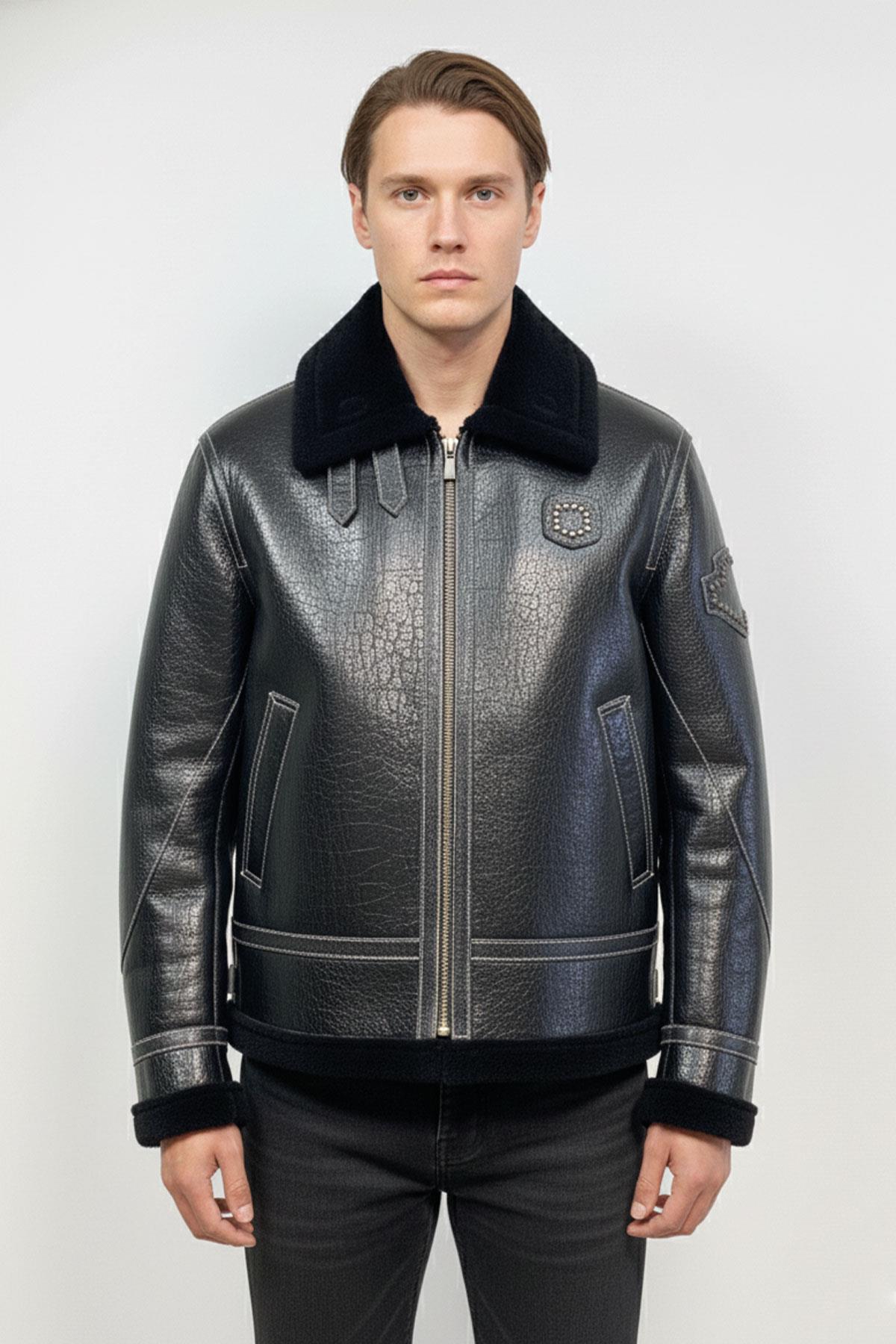 Black Inside Black Feathered Buckle Pocket Unlined Zipper Closure Mens Genuine Fur Coat