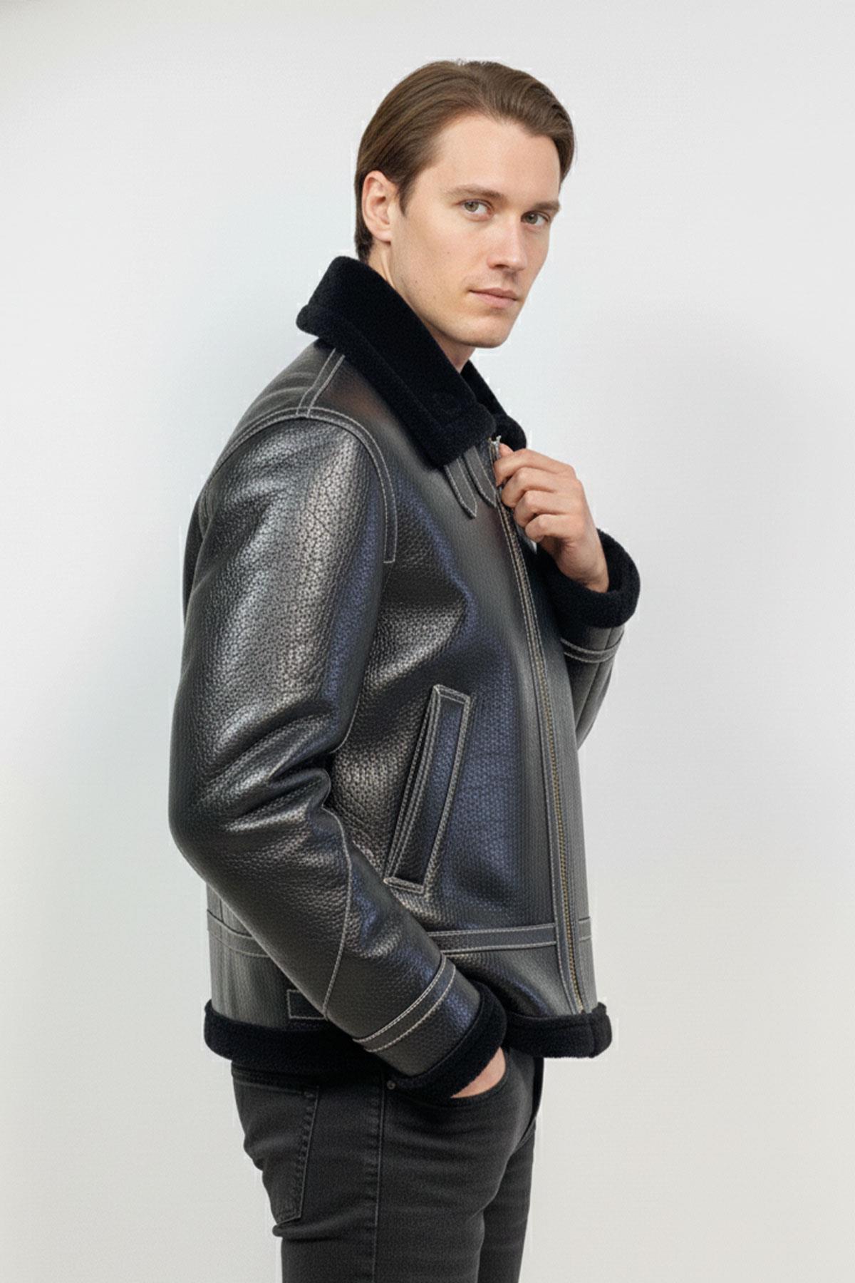 Black Inside Black Feathered Buckle Pocket Unlined Zipper Closure Mens Genuine Fur Coat