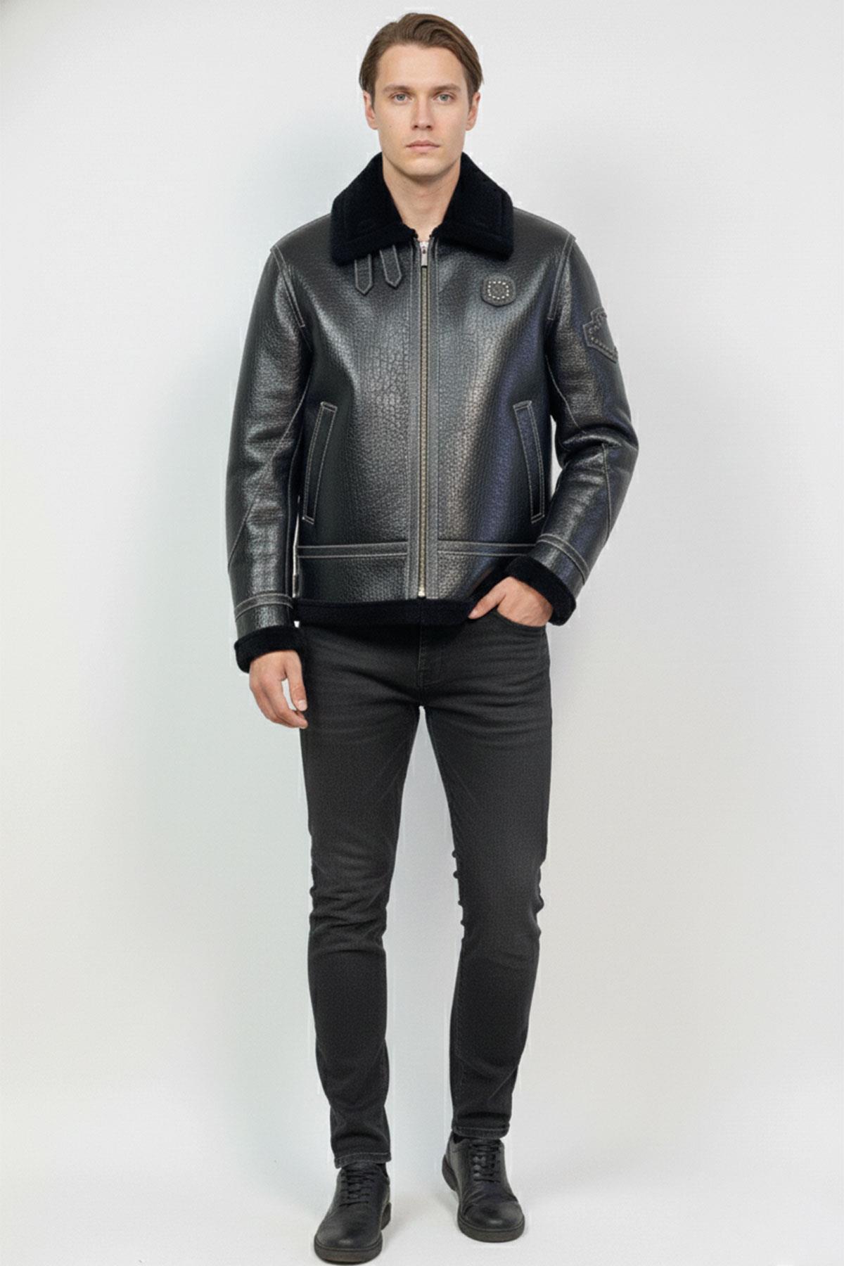 Black Inside Black Feathered Buckle Pocket Unlined Zipper Closure Mens Genuine Fur Coat