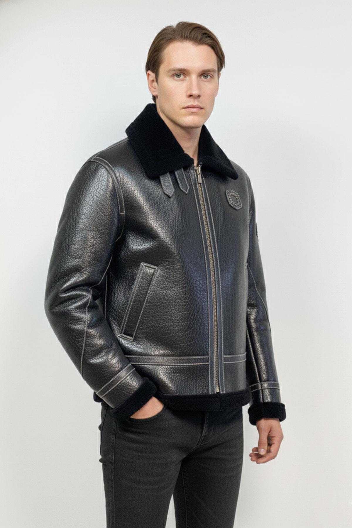 Black Inside Black Feathered Buckle Pocket Unlined Zipper Closure Mens Genuine Fur Coat