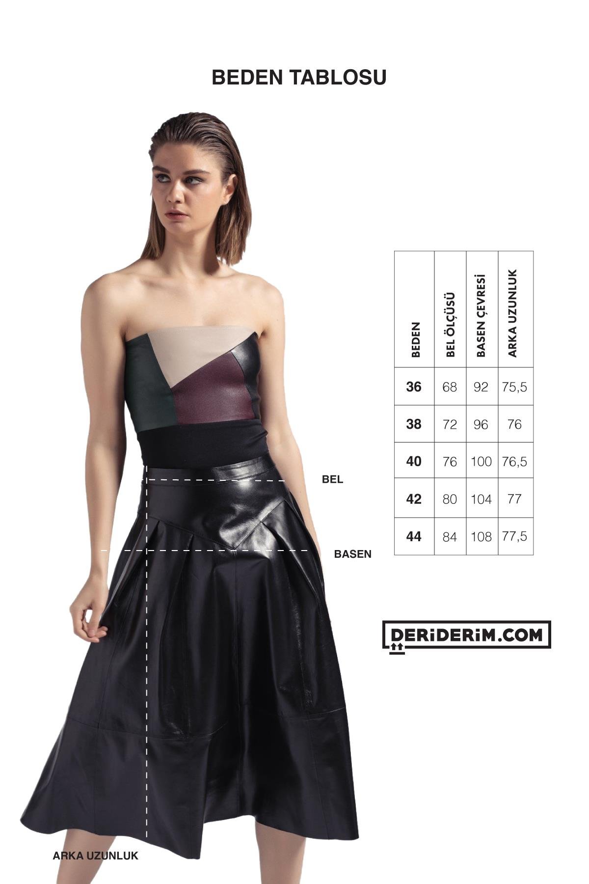 Siyah Kadın Kiloş Pileli Hakiki Deri Etek