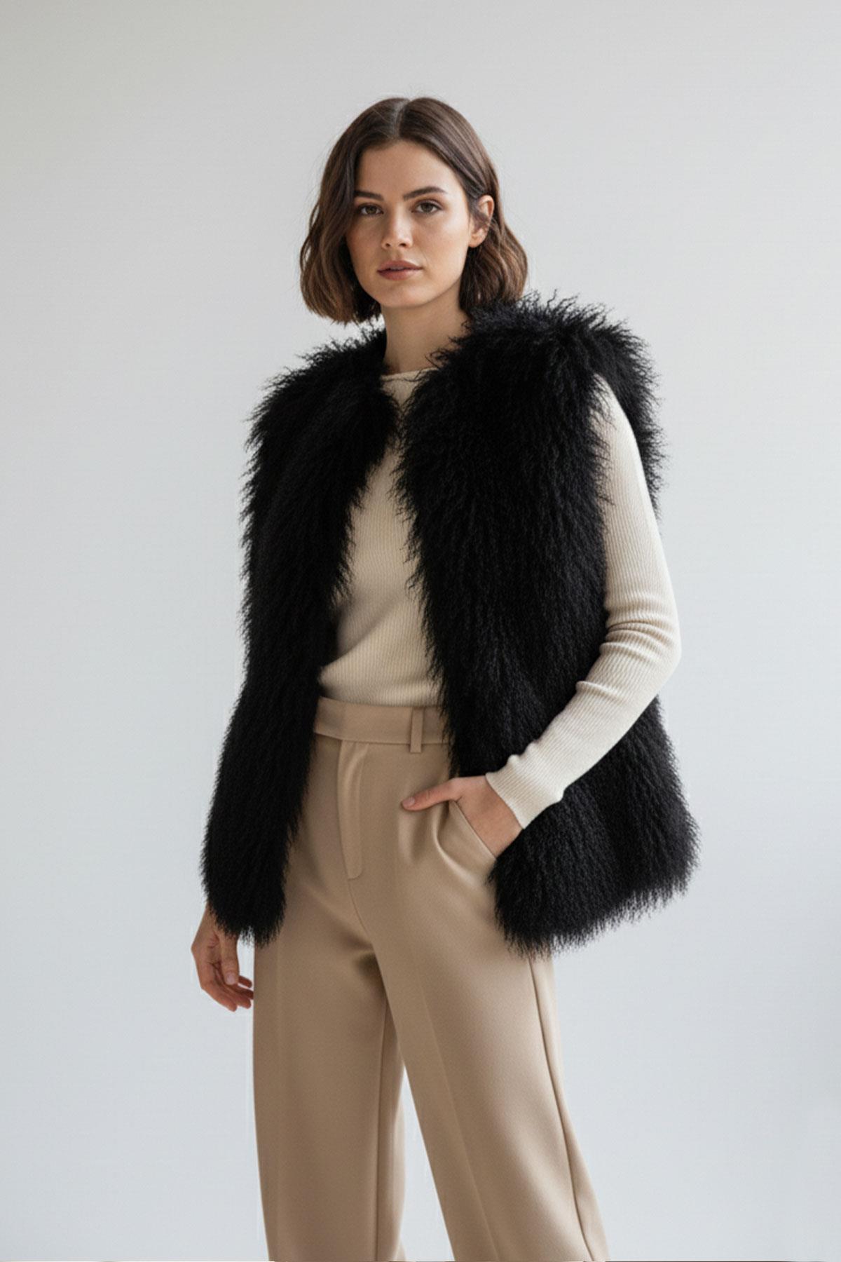 Black WomenS Mohair Feather Loose Cut Vest