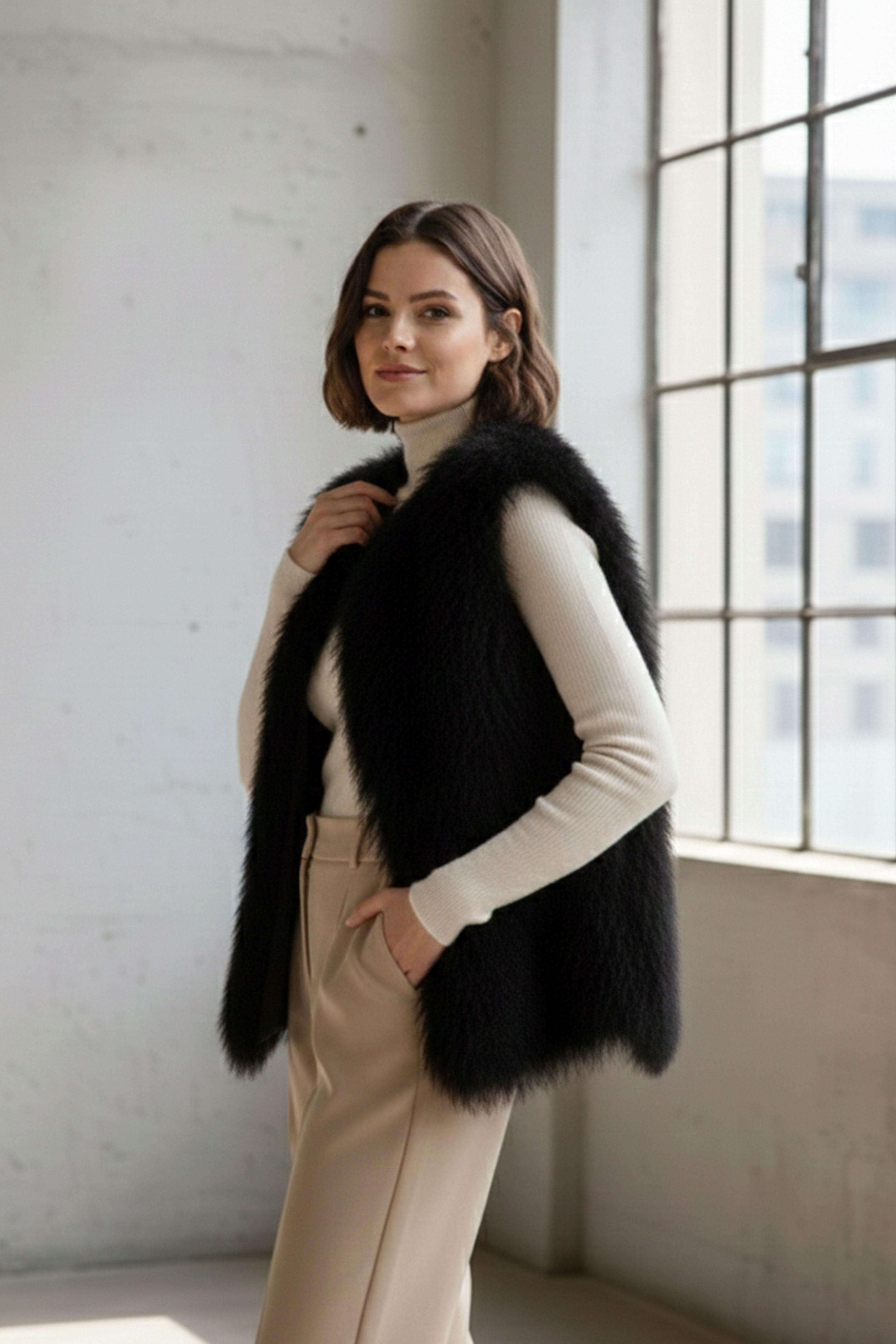 Siyah Kadın Nell Tiftik Tüy Bol Kesim Yelek 