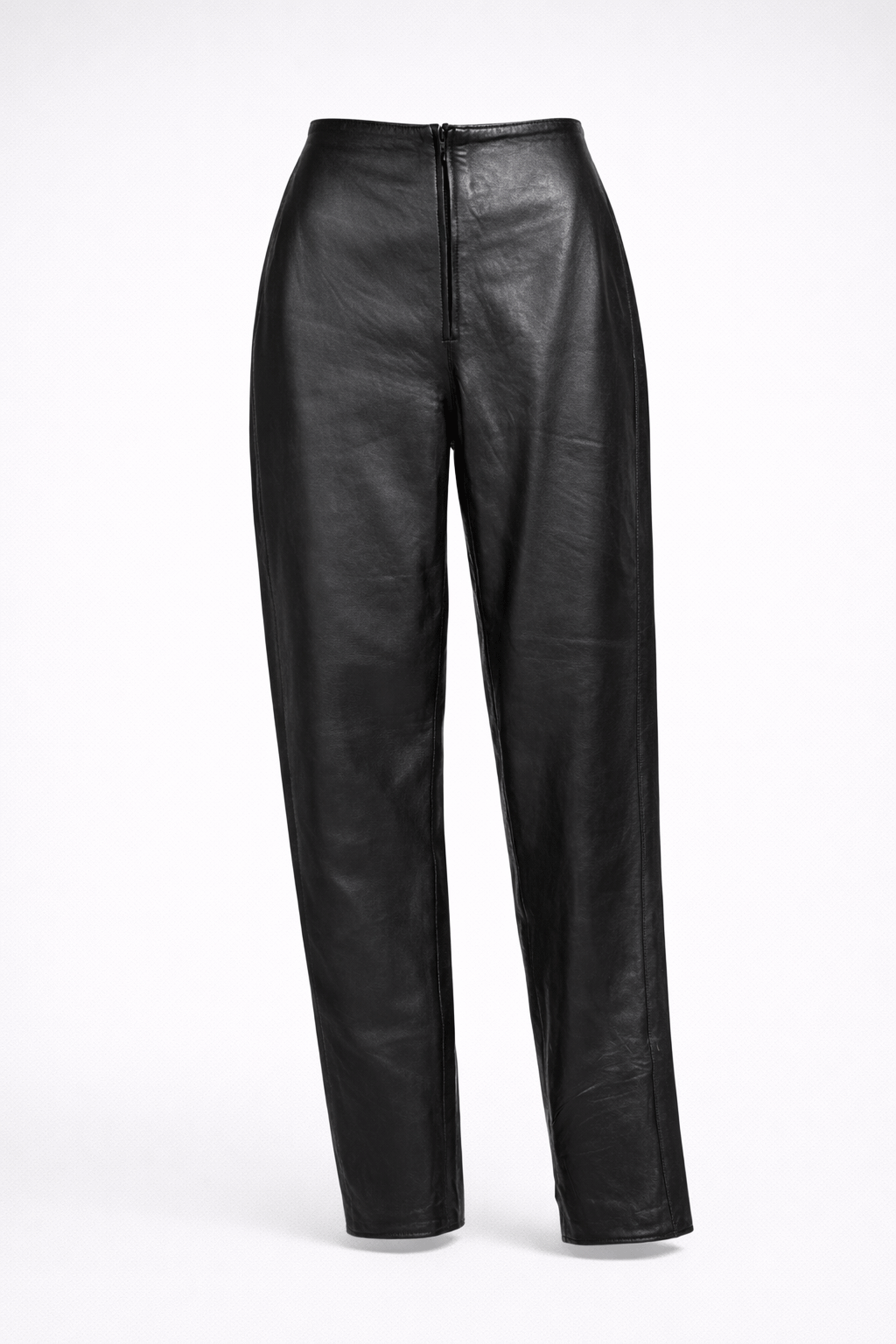 Siyah Kadın Yüksek Bel Astarlı Önden Fermuarlı Cepsiz Düz Paça Hakiki Deri Pantolon