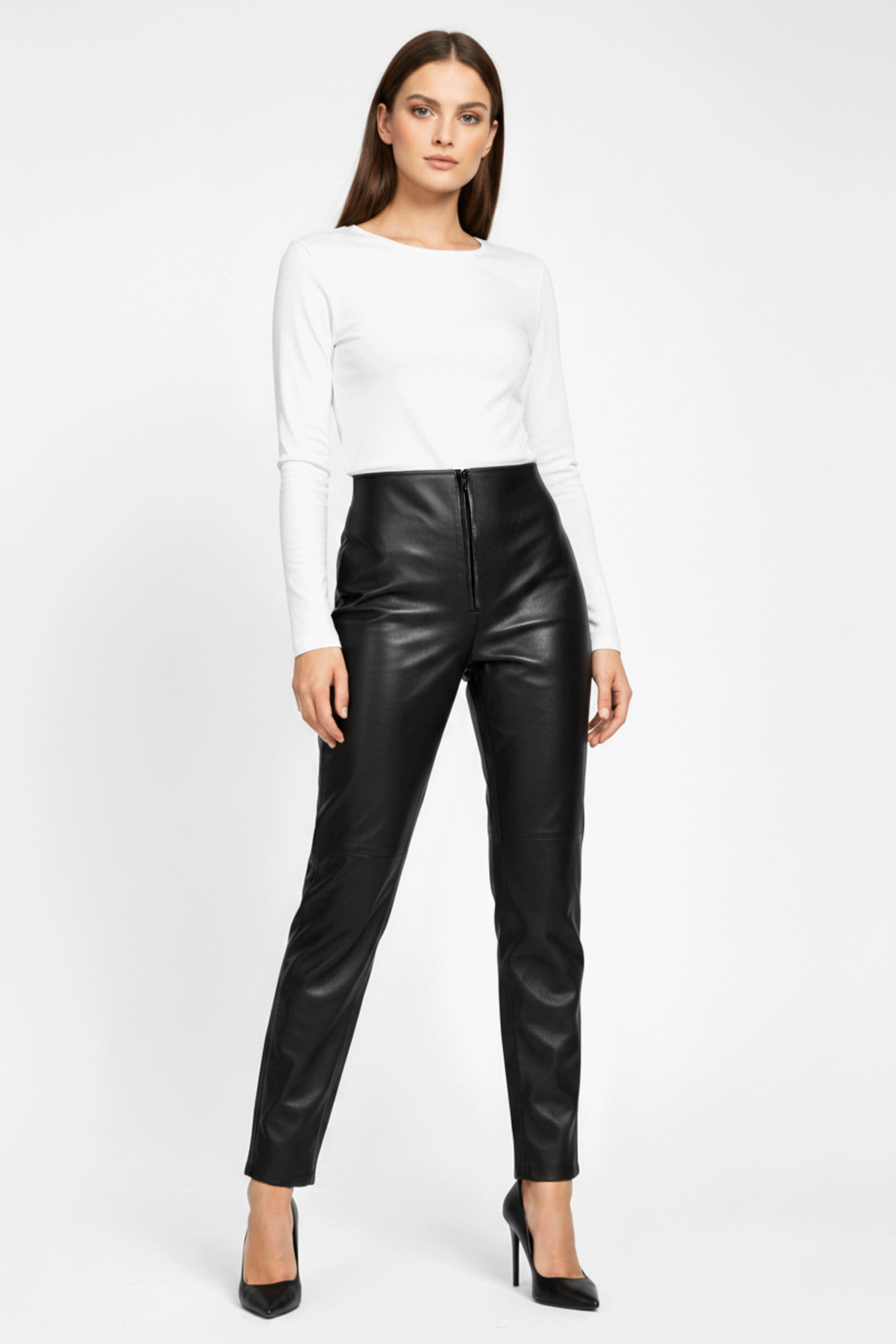 Siyah Kadın Yüksek Bel Astarlı Önden Fermuarlı Cepsiz Düz Paça Hakiki Deri Pantolon