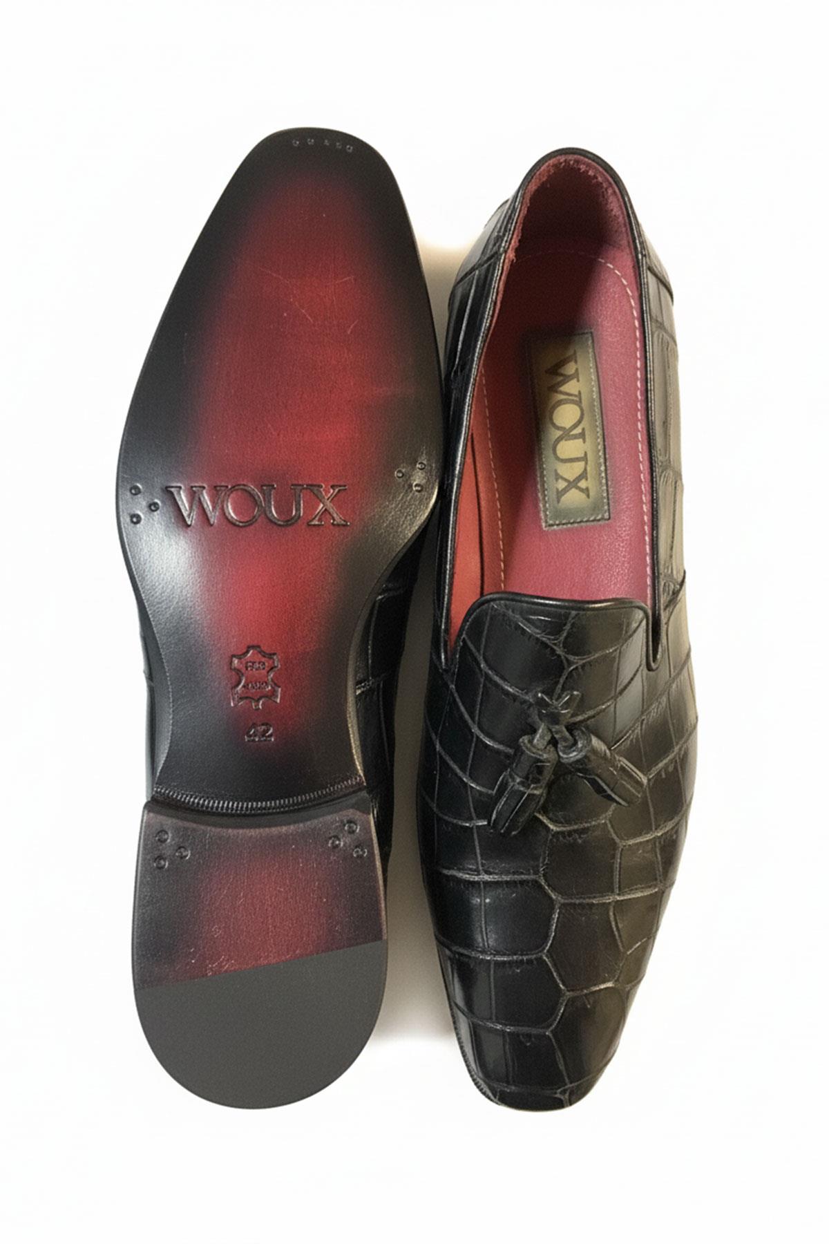 Siyah Kroko Desenli Püsküllü Klasik Erkek Ayakkabı