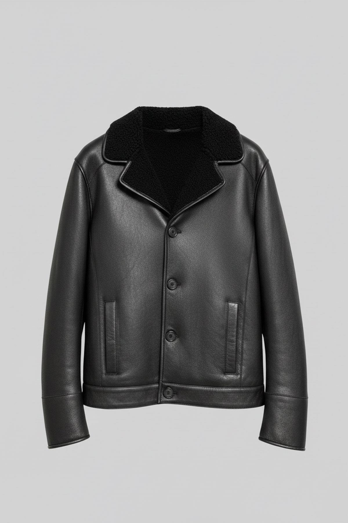 Siyah Kuzu Kürk Yaka Düğme Kapamalı Erkek Hakiki Deri Ceket