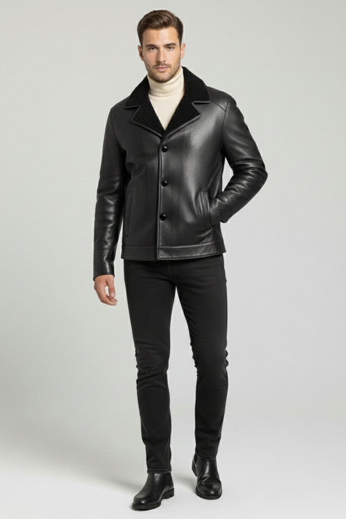 Siyah Kuzu Kürk Yaka Düğme Kapamalı Erkek Hakiki Deri Ceket