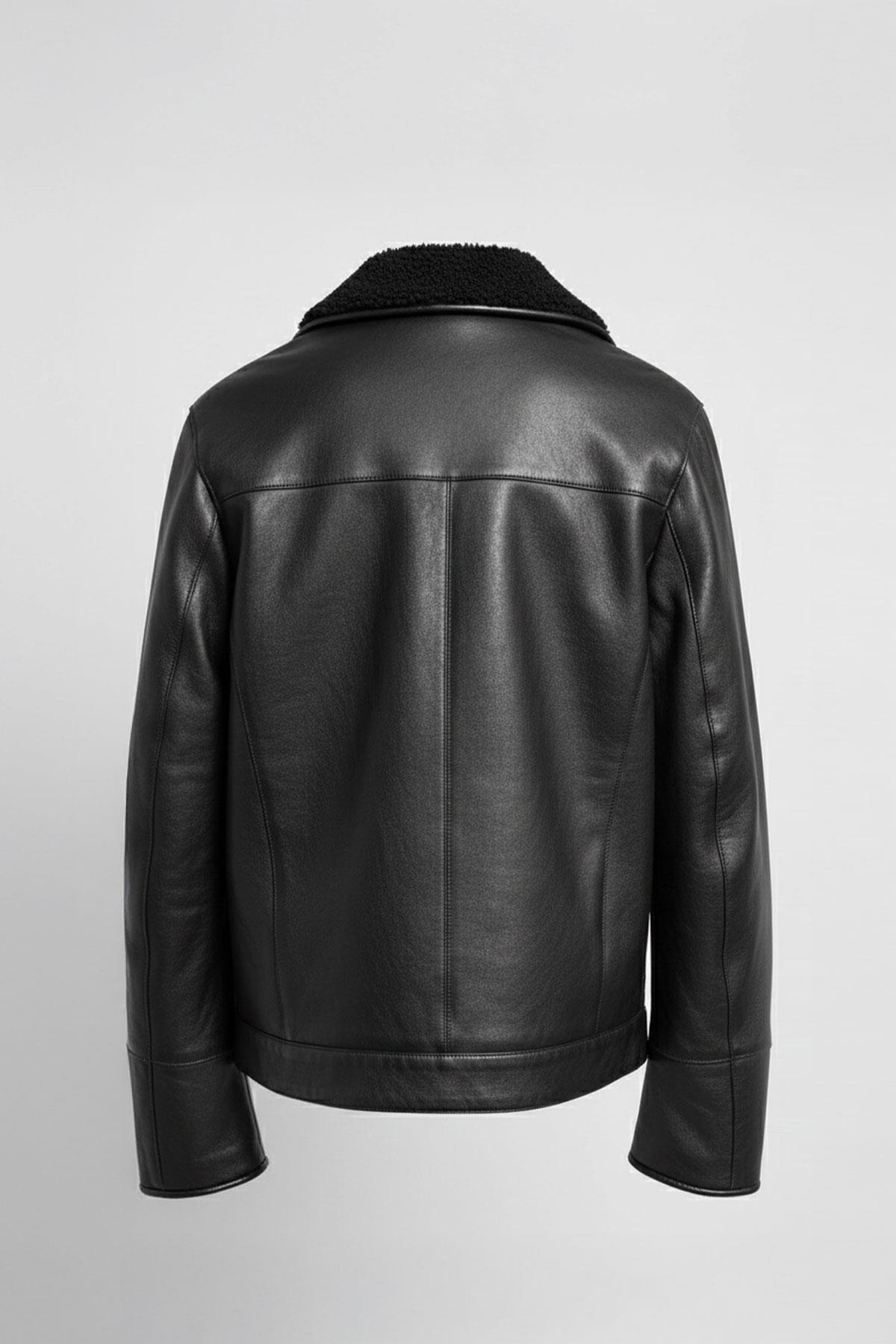 Siyah Kuzu Kürk Yaka Düğme Kapamalı Erkek Hakiki Deri Ceket