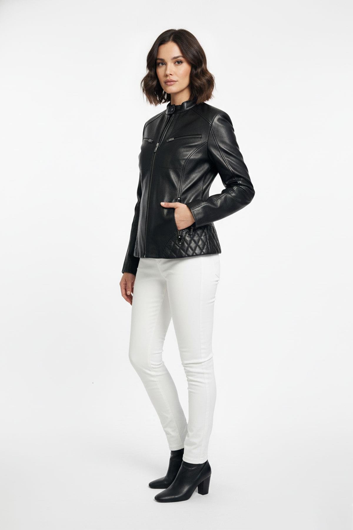 Siyah Latina Kısa Fermuarlı Kadın Hakiki Deri Mont